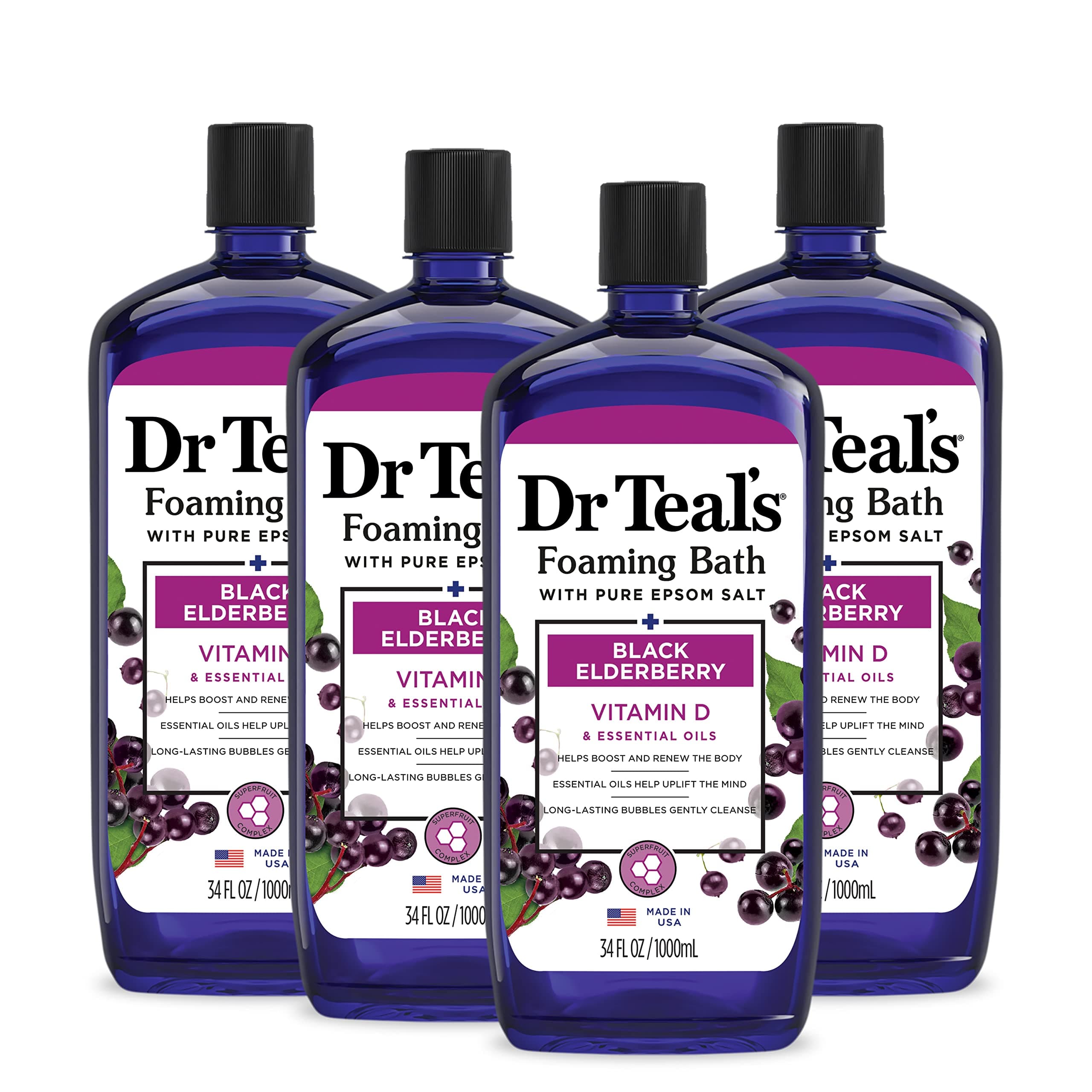 Dr Teal's Foaming Bath with Pure Epsom Salt, Black Elderberry with Vitamin D, 34 fl oz (Pack of 4)
