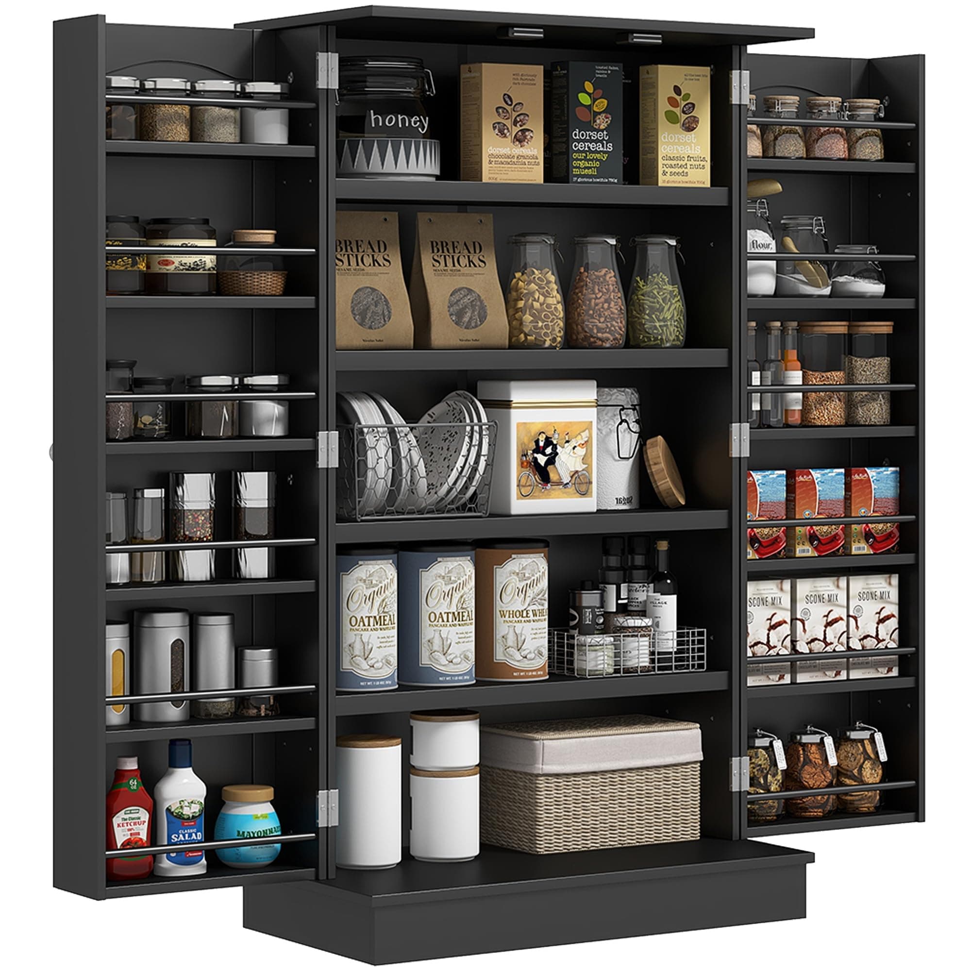 41" Kitchen Pantry Storage Cabinet, Freestanding Kitchen Cabinet with 12 Door Shelves, Double Doors, 5-Tier Shelving and Adjustable Shelves, Black