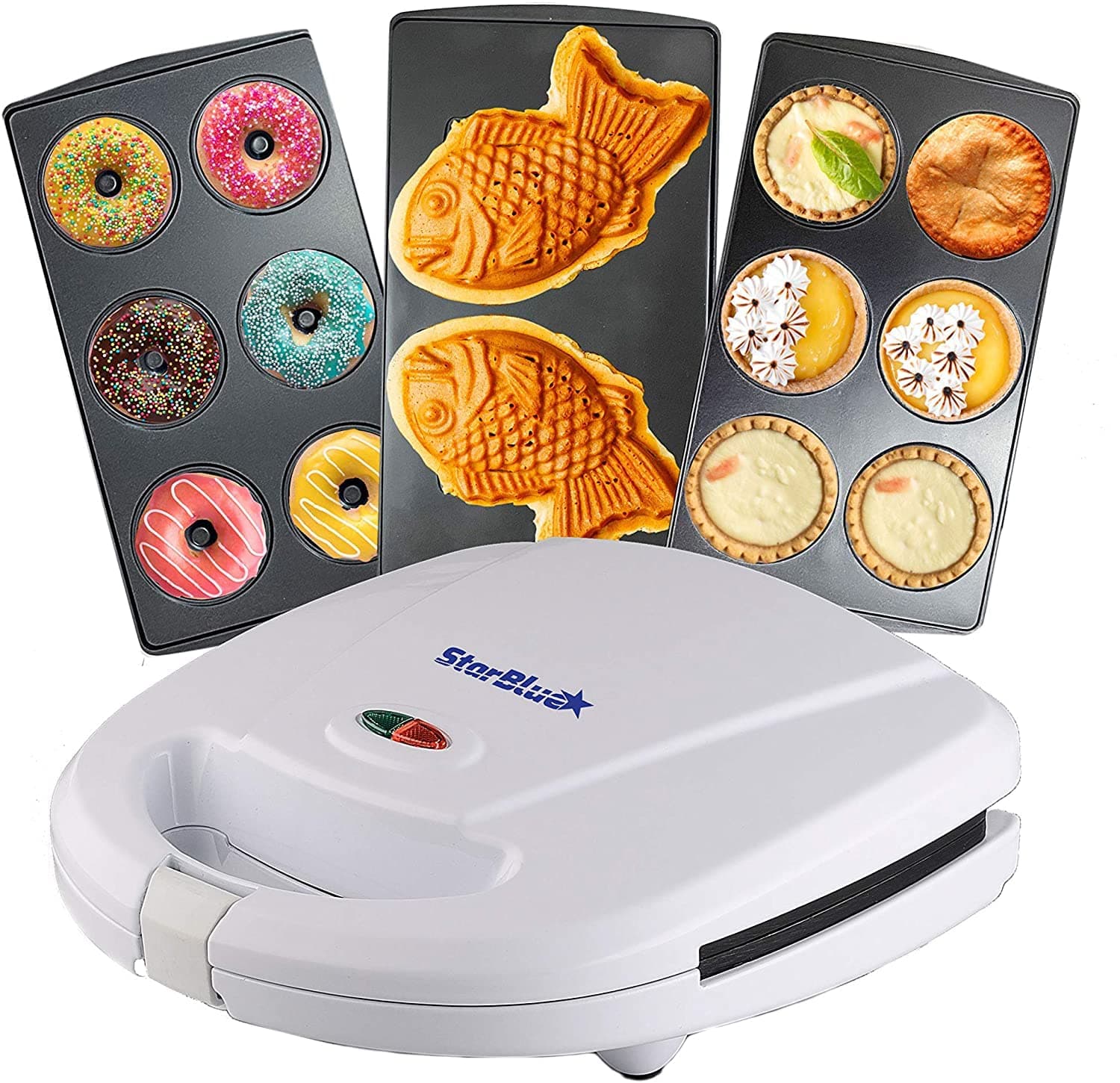 Mini-Donuts Maker, Mini-Pie and Quiche Maker, Taiyaki Maker – 3 in 1 Three Slices Detachable Dessert Maker by StarBlue – White AC 220-240V 50/60Hz 700-800W