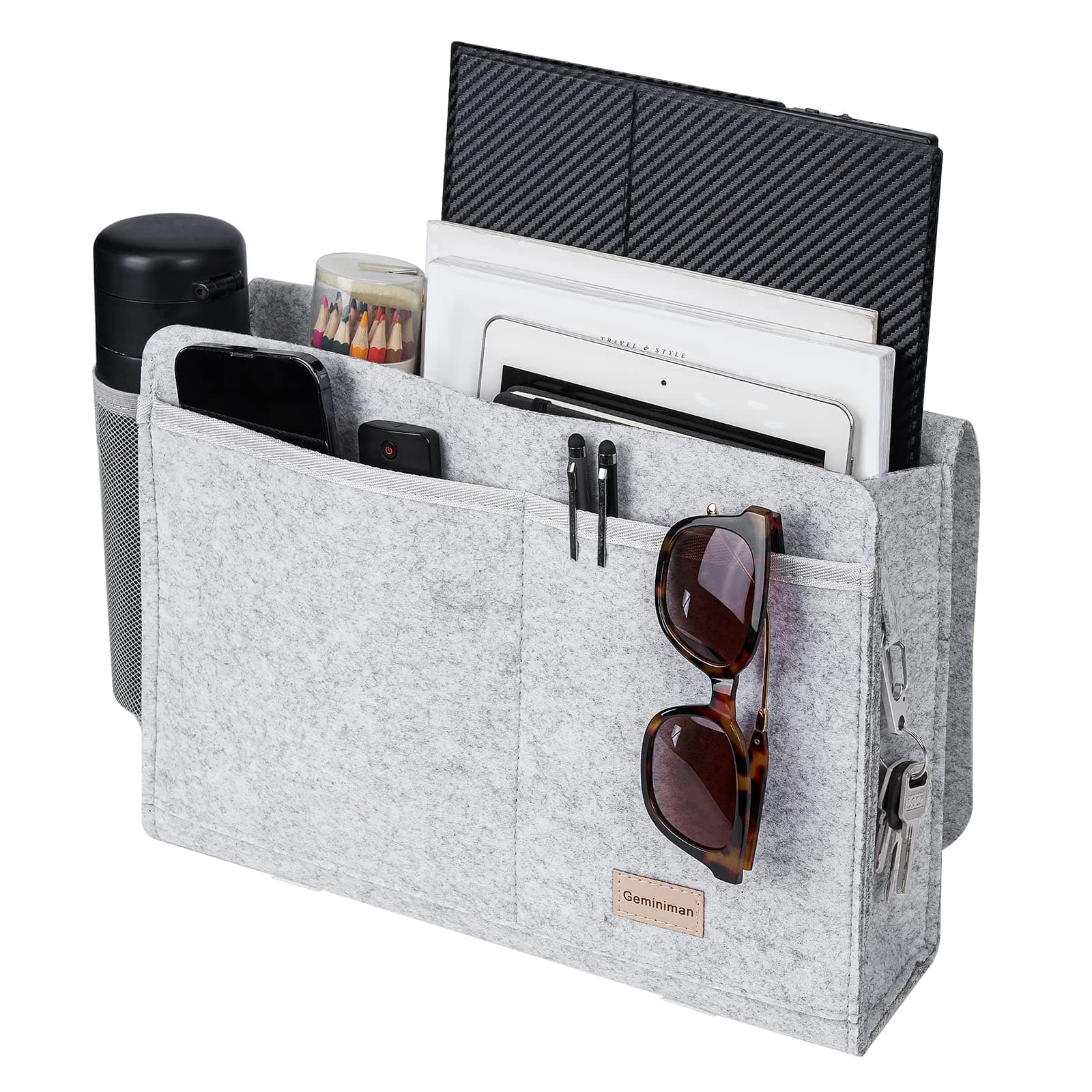 Geminiman Bedside Caddy, Large Size 9.4" x 13.4" Inch Bedside Organizer Bag Holder with 5 Pockets,Felt Hanging Storage Organizer for Bed Rails,Dorm,Sofa,Bunk Beds