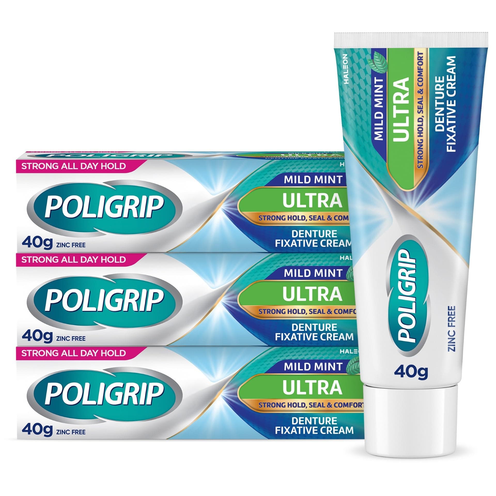 Poligrip Denture Adhesive Cream, False Teeth and Partials Fixative, Ultra, 40 g (Pack of 3)