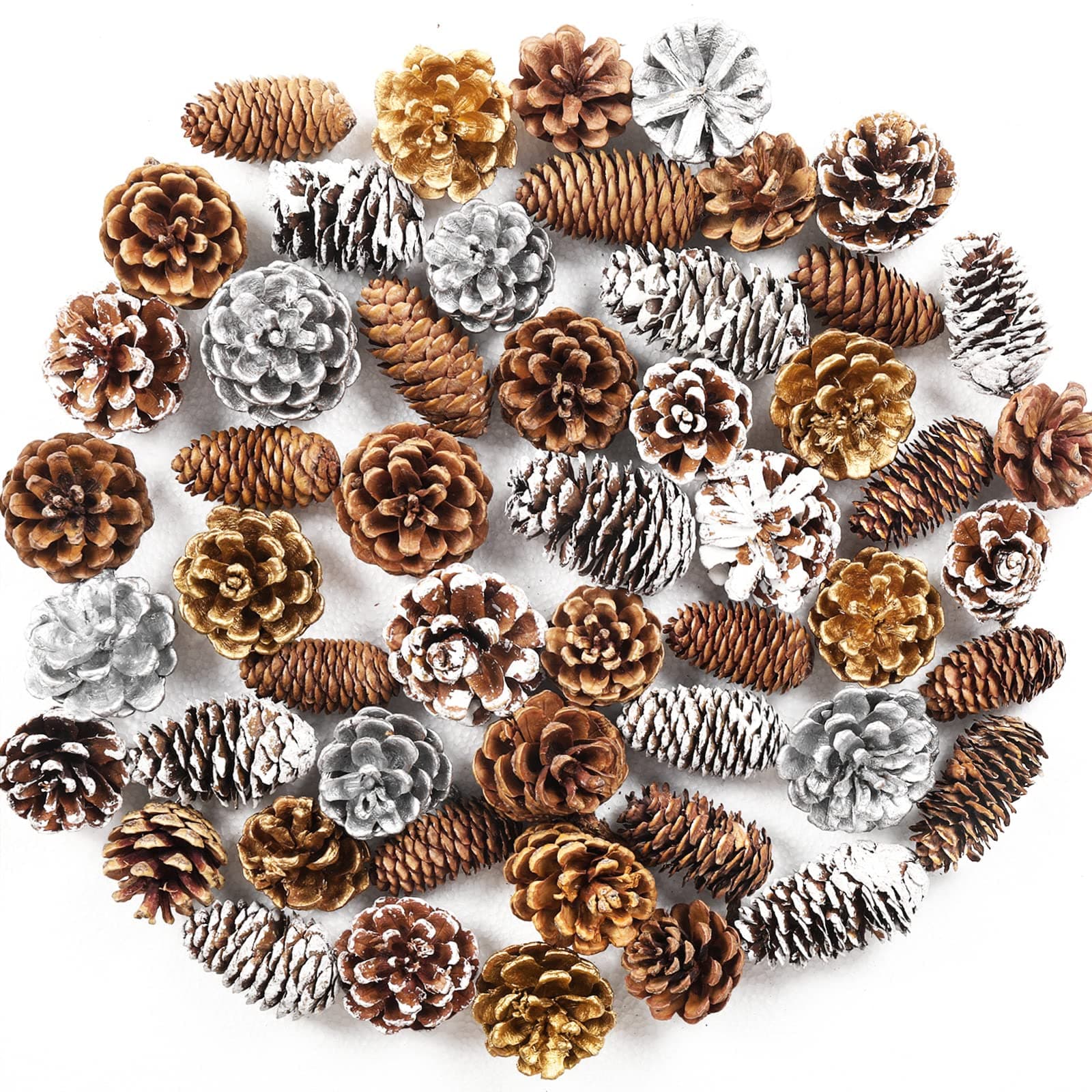 AnyDesign 52Pcs Christmas Natural Pine Cones Bulk Assorted Size Pine Cones Decorations Rustic Snow Pine Cone Ornaments for Christmas Tree Crafts Gifts Holiday Party Favor Xmas Farmhouse Home Decor