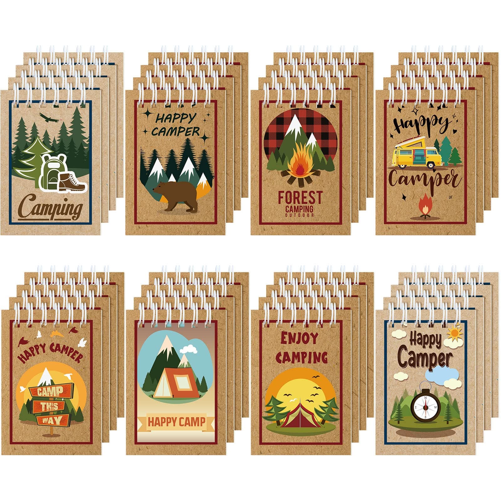 Eaasty 32 Pack Camp Adventure Theme Notepads Mini Spiral Notebook Tiny Notebook Camping Journal Pocket Notebook for Kids Camping Party Favors Writing Drawing Note Taking, 2.4 x 3.5 Inch (Rustic)