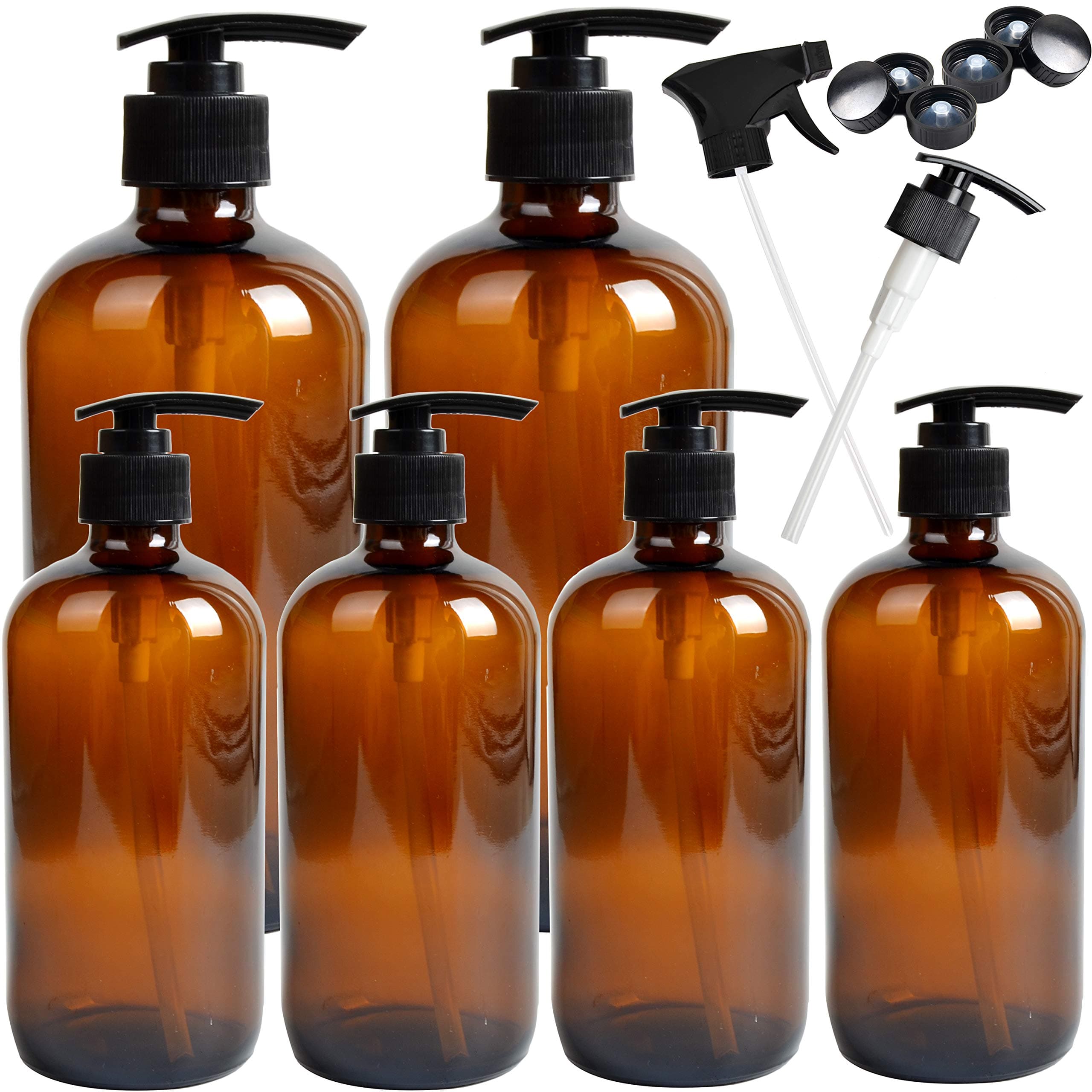 Youngever 6 Pack Empty Amber Glass Pump Bottles, 2 Pack 16oz and 4 Pack 8oz Pump Bottles Refillable Containers for Essential Oils, Cleaning Products, Lotions, Aromatherapy, Durable Black Pumps