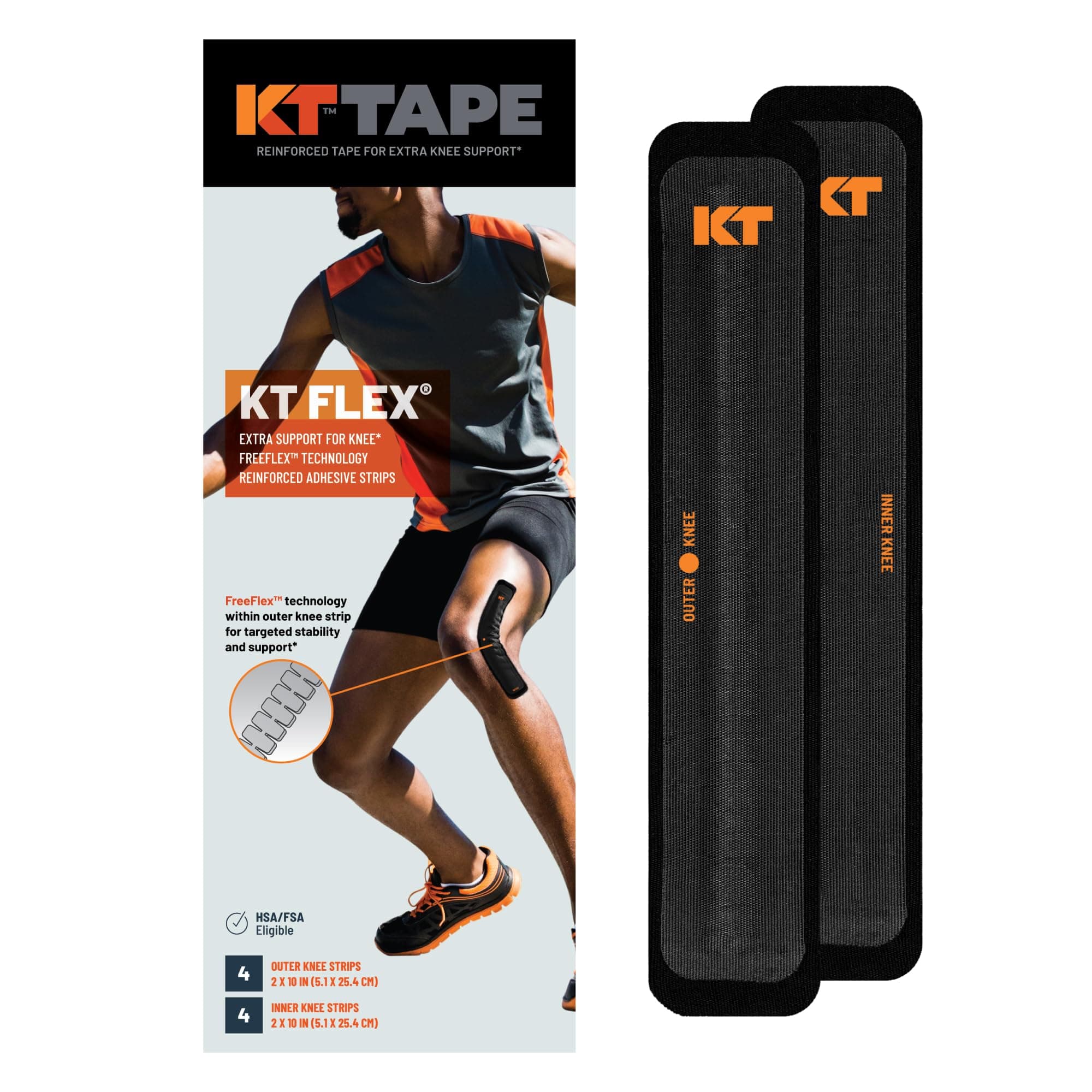 KT Tape, KT Flex Reinforced Adhesive Strips – 8 Pack, 10 in. Precut Strips in Black – Effective Support for Weak or Injured Knees, 2-Strip Application, Breathable, and Comfortable for Up to 3 Days