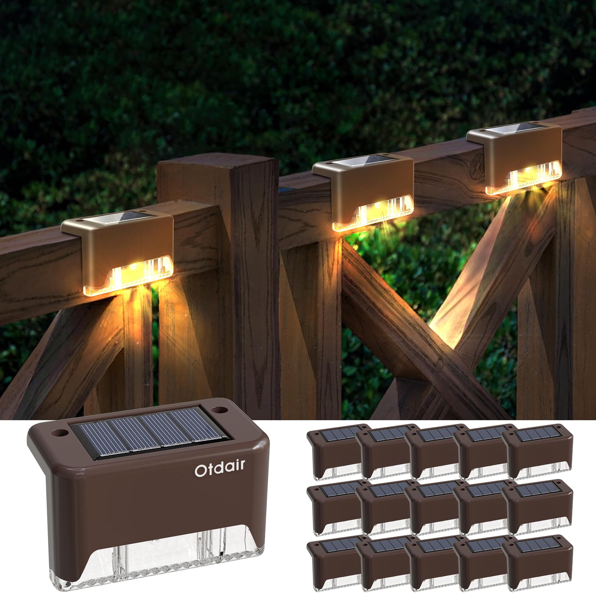 OtdairSolar Deck Lights, 16 Solar Step Lights Waterproof LED Solar Stair Lights, Outdoor Solar Fence Lights for Deck, Stairs, Step, Yard, Patio, and Pathway (Warm White)