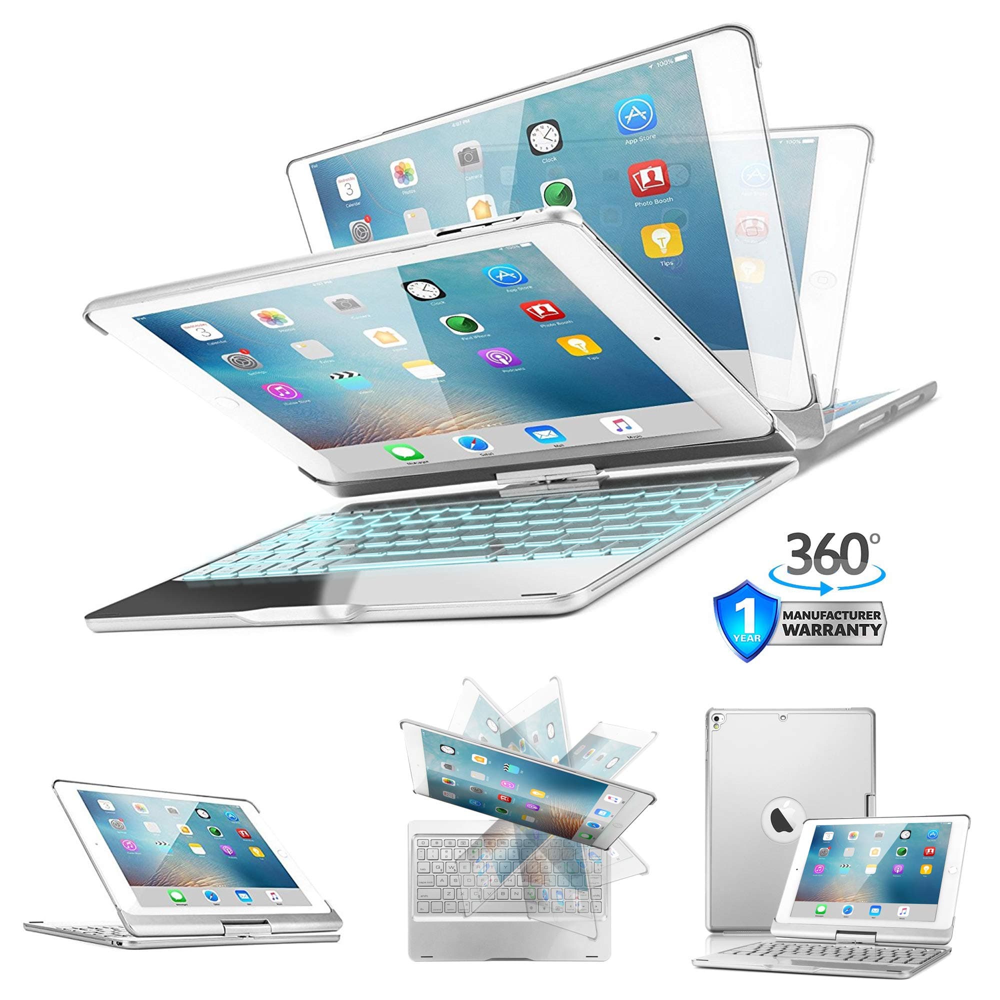 Keyboard Case iPad 2018 9.7" (6th Gen) - iPad 2017 (5th Gen) - iPad Pro 9.7" - iPad Air 1 2, 360° Rotatable 7 Color Backlit Keyboard Auto Wake/Sleep (Silver)
