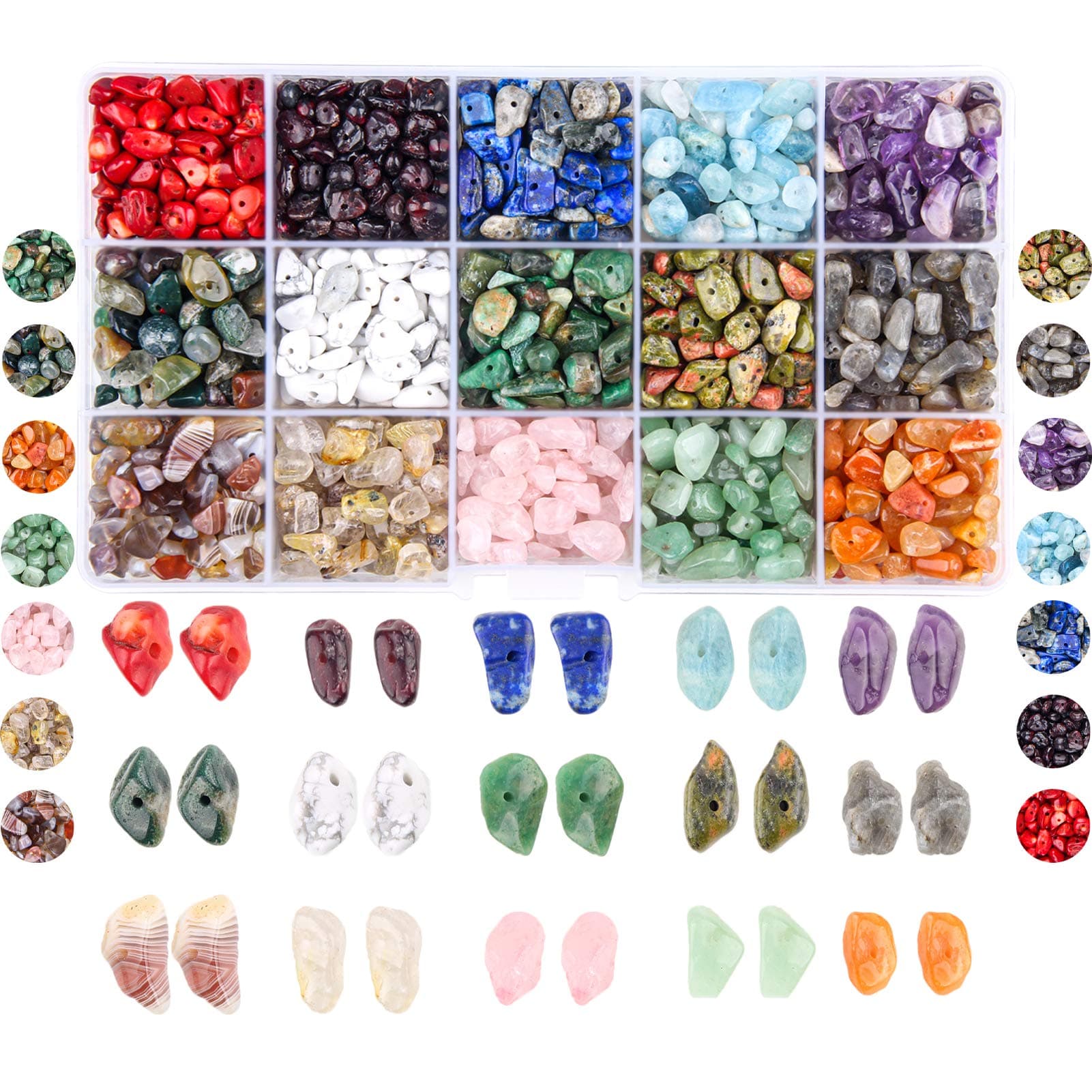 850PCS 5-8mm Gemstone Beads Crushed Irregular Chips Bead Set Natural Stone Healing Crystal Loose DIY Beads for Jewelry Making Necklace Bracelet Ring (15 Color)