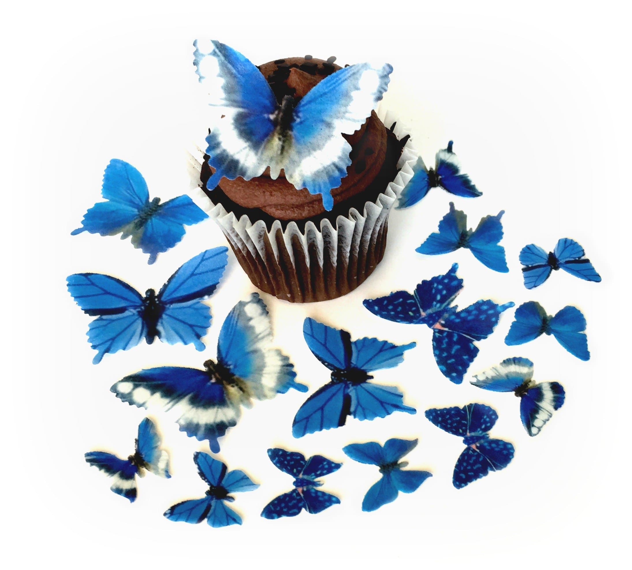 Assorted Blue Wafer Paper Butterflies 5 Different Sizes ranging from 7/8 Inch to 2 Inch for Decorating Desserts Pack of 24