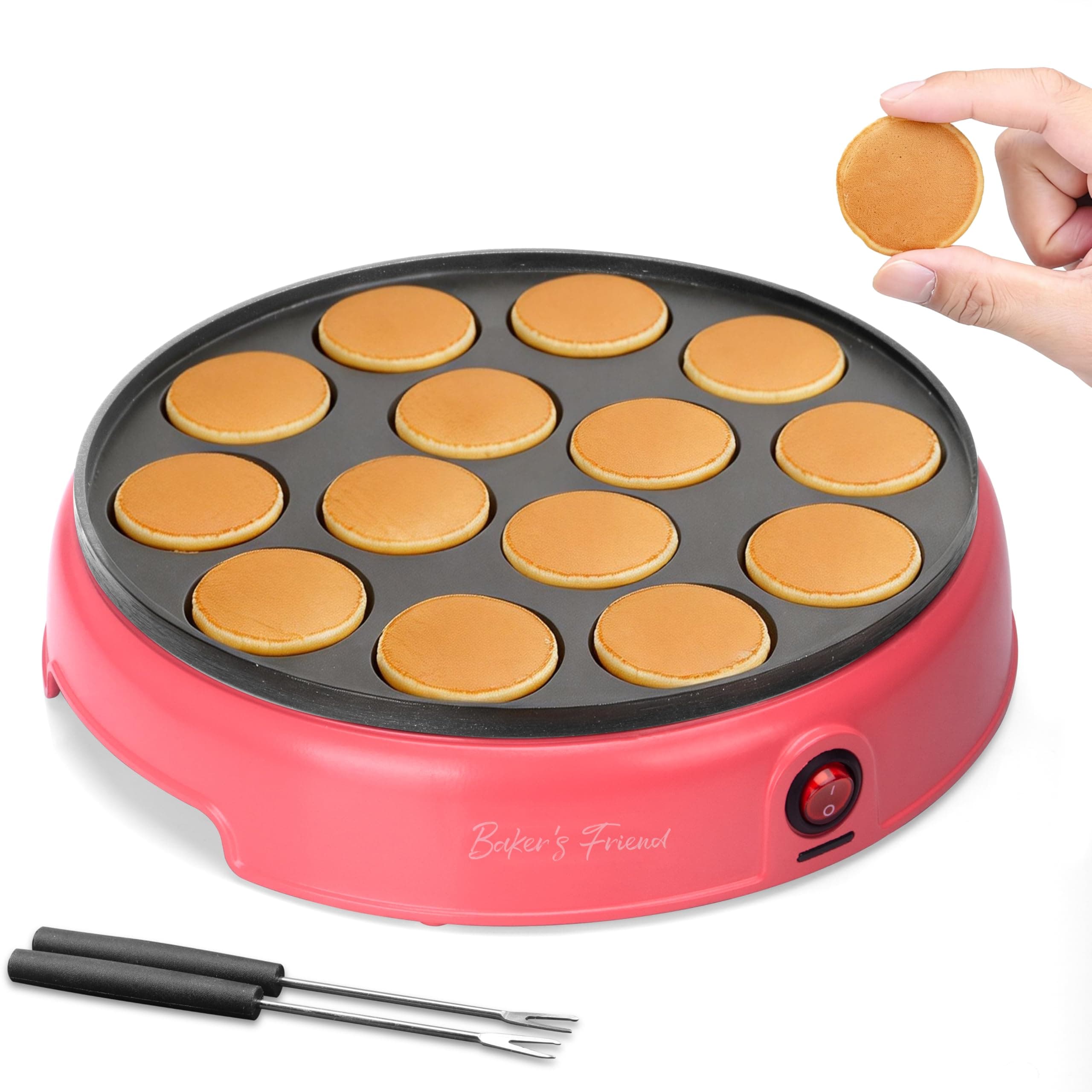 Baker's Friend Mini Pancakes Maker Machine, Dutch Mini Pancake Griddle, 14 Holes Electric Poffertjes Pan, Ideal for Breakfast, Snacks, Desserts & More, Red