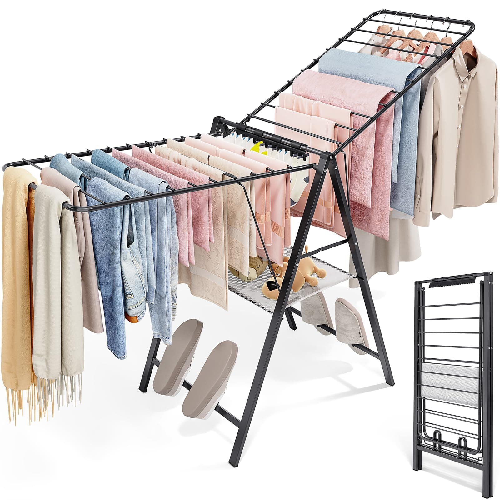 APEXCHASER Foldable Clothes Drying Rack, Metal Laundry Drying Rack Collapsible, Ultra Thin Clothes Rack for Sweater Bra Towel for Indoor & Outdoor Use, Height Adjustable Gullwing Clothes Airer, Black