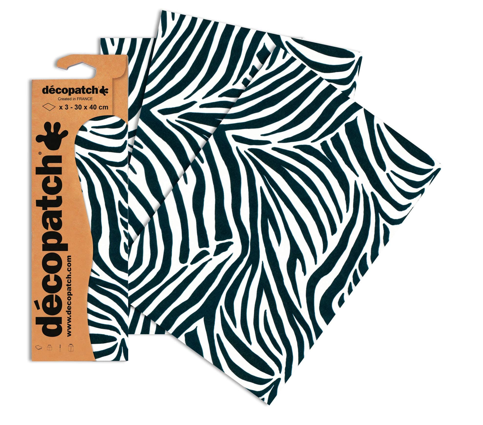 DécopatchRef C429O - Zebra Animal Print Paper Pack - Each Sheet 30 x 40cm, Pack of 3 Paper Sheets - Best Used With Décopach Glue & Varnish, Black & White