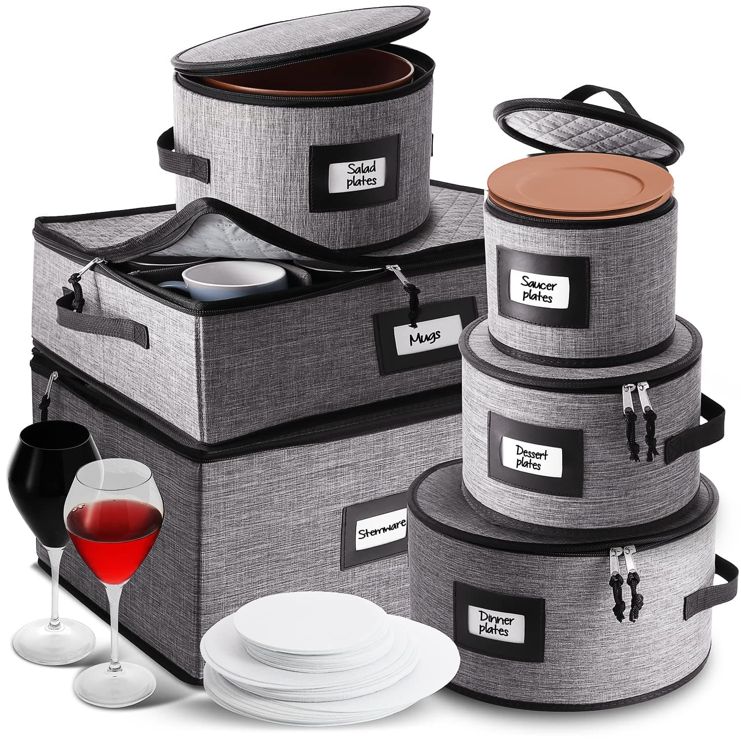 Fine China Storage Containers Hard Shell – 6 Piece Dish Storage Containers, Stackable Plate Storage Containers, Coffee Mug Storage and Wine Glass Storage Box with Dividers, Quilted Dish Organizers