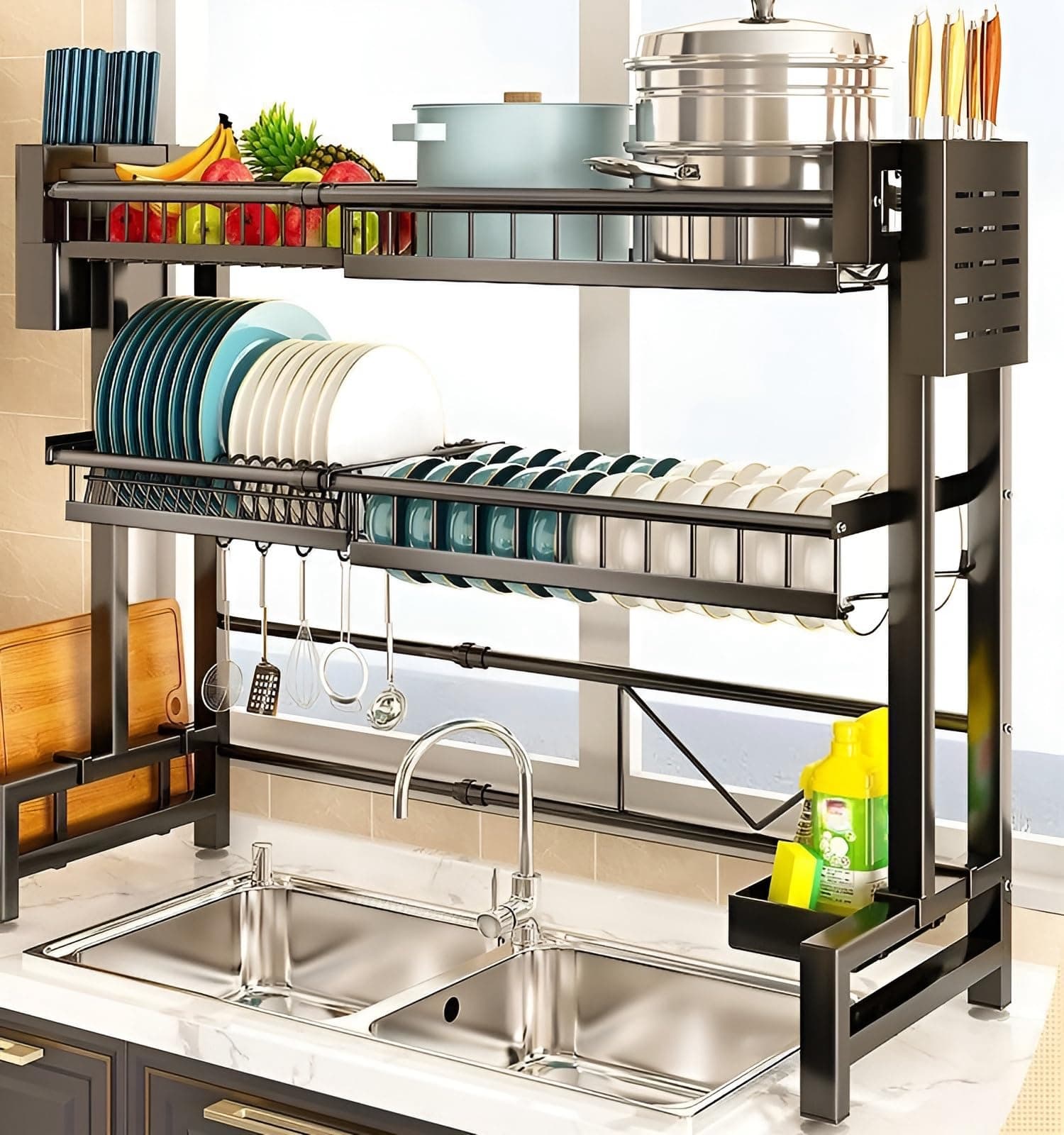 Beauenty 2 Tier Over Sink Dish Rack - Space Saving Countertop Organizer, Large Kitchen Dish Stand - Plate Rack & Utensils Drainer
