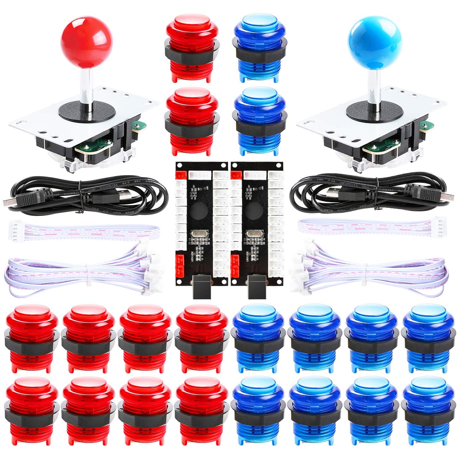 2-Player LED Arcade DIY Kit for USB MAME PC Game DIY & Raspberry Pi Retro Controller DIY Including 2X Arcade Joystick, 20x LED Arcade Buttons, 2X Zero Delay USB Encoder (Blue & Red)