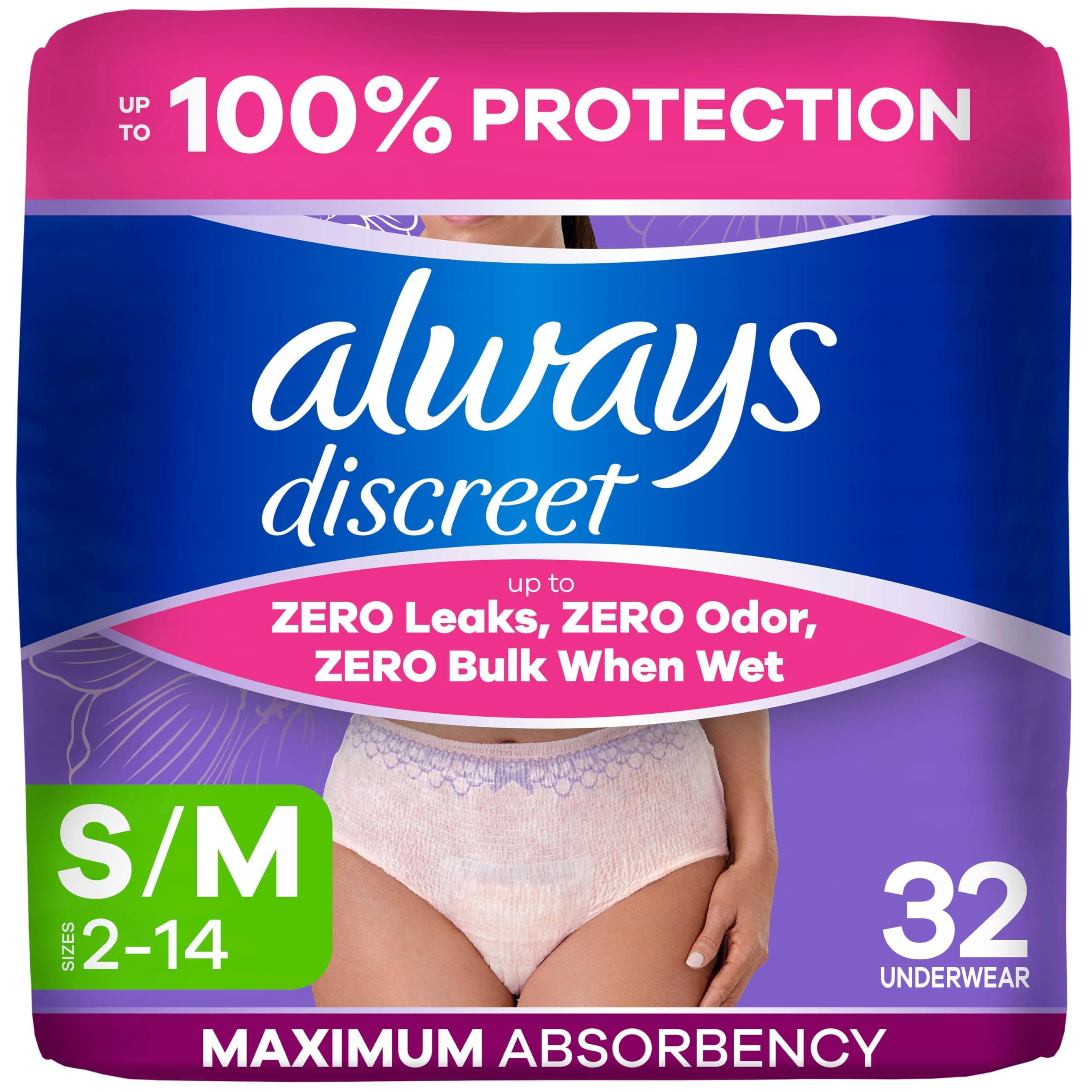 Discreet, Incontinence Underwear, Maximum Absorbency, Small/Medium, 32 Count by Always