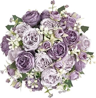 Mkono Peonies Artificial Flowers, Small Silk Flowers for Home Decor Indoor Fake Bouquet Faux Floral Arrangements Dining Table Centerpieces for Kitchen Bridal Wedding Party Decor Purple