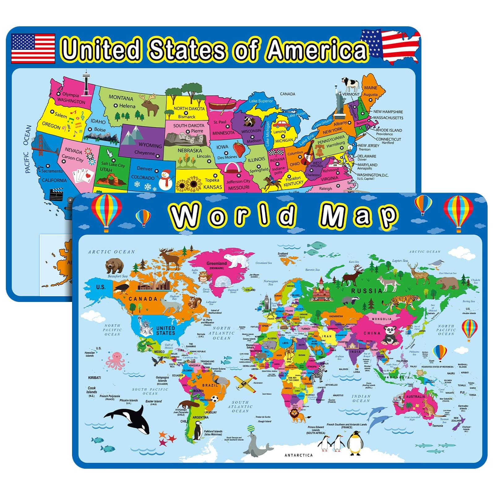2 Pcs Educational Placemats Learning Kids World Map United States Map Placemats Washable Reusable Non Slip for Nursery Homeschool Kindergarten Classroom Supplies