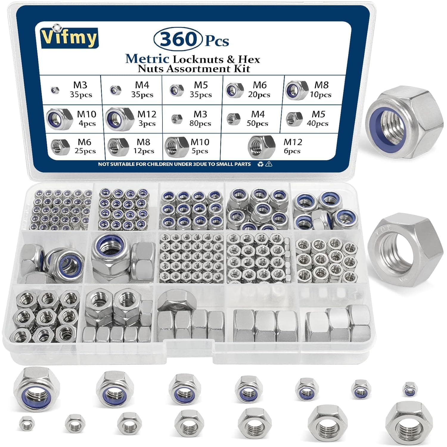 Metric Hex Nuts&Locknuts Assortment Kit(360Pcs)，M3 M4 M5 M6 M8 M10 M12 Stainless Steel Assorted Hex Nuts Sets,Bright Finish