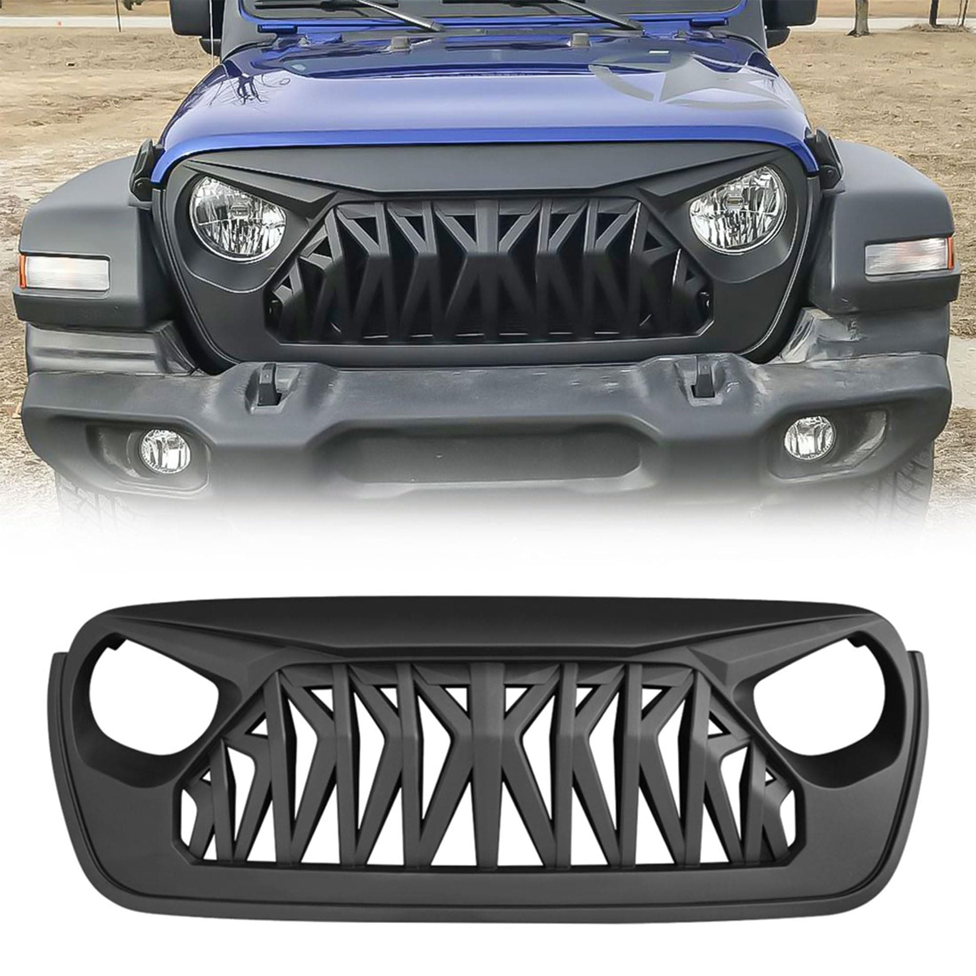 AMERICAN MODIFIED Aggressive Front Shark Grille Compatible with Jeep 2018+ Wrangler JL and 2020+ Gladiator JT Models w/o TrailCam, Matte Black