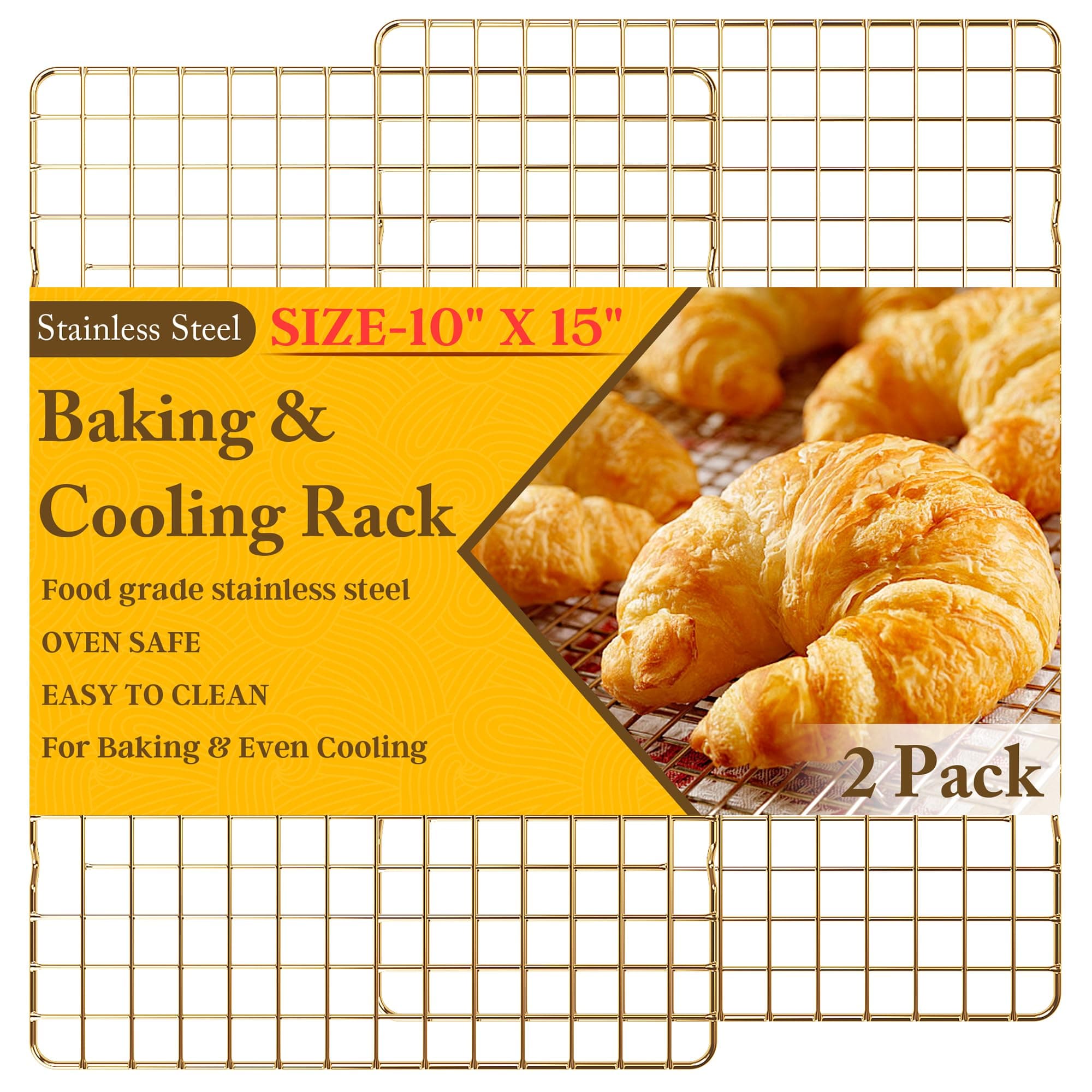 2-Pack Cooling Racks for Cooking and Baking - 10" x 15"Heavy Duty Stainless Steel Wire Rack for Baking, Grilling, Roasting - Oven & Dishwasher Safe - Fits Jelly Roll Sheet Pan（Gold）