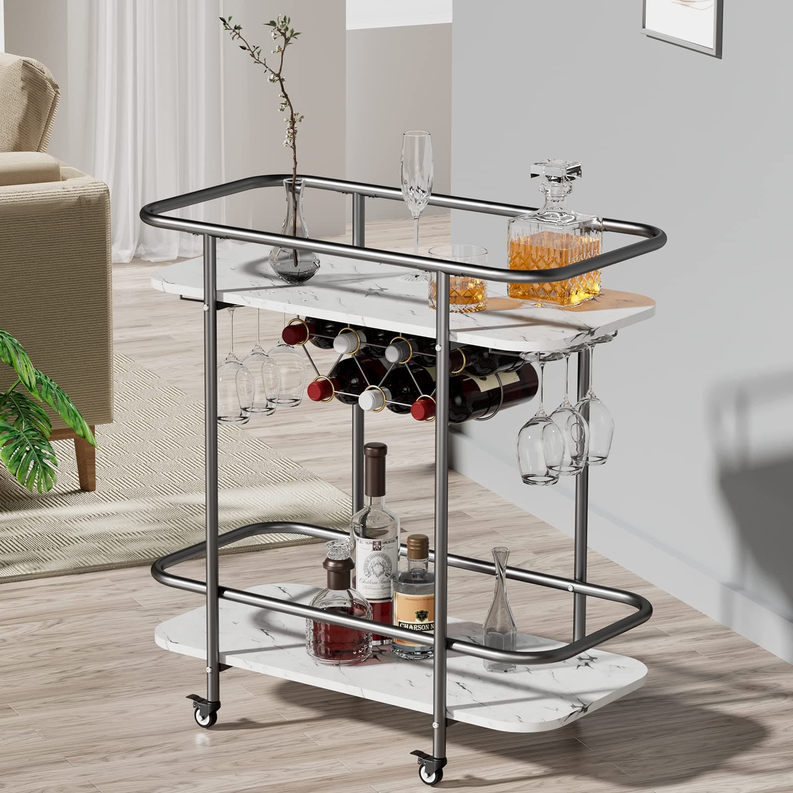 DAWNYIELD 2 Tier Bar Serving Cart on Wheels, Mobile Drinks Trolley with Wine Rack and Glass Holder, Rolling Drinks Storage with Marble Pattern Plate for Kitchen Living Room Bar(Black)