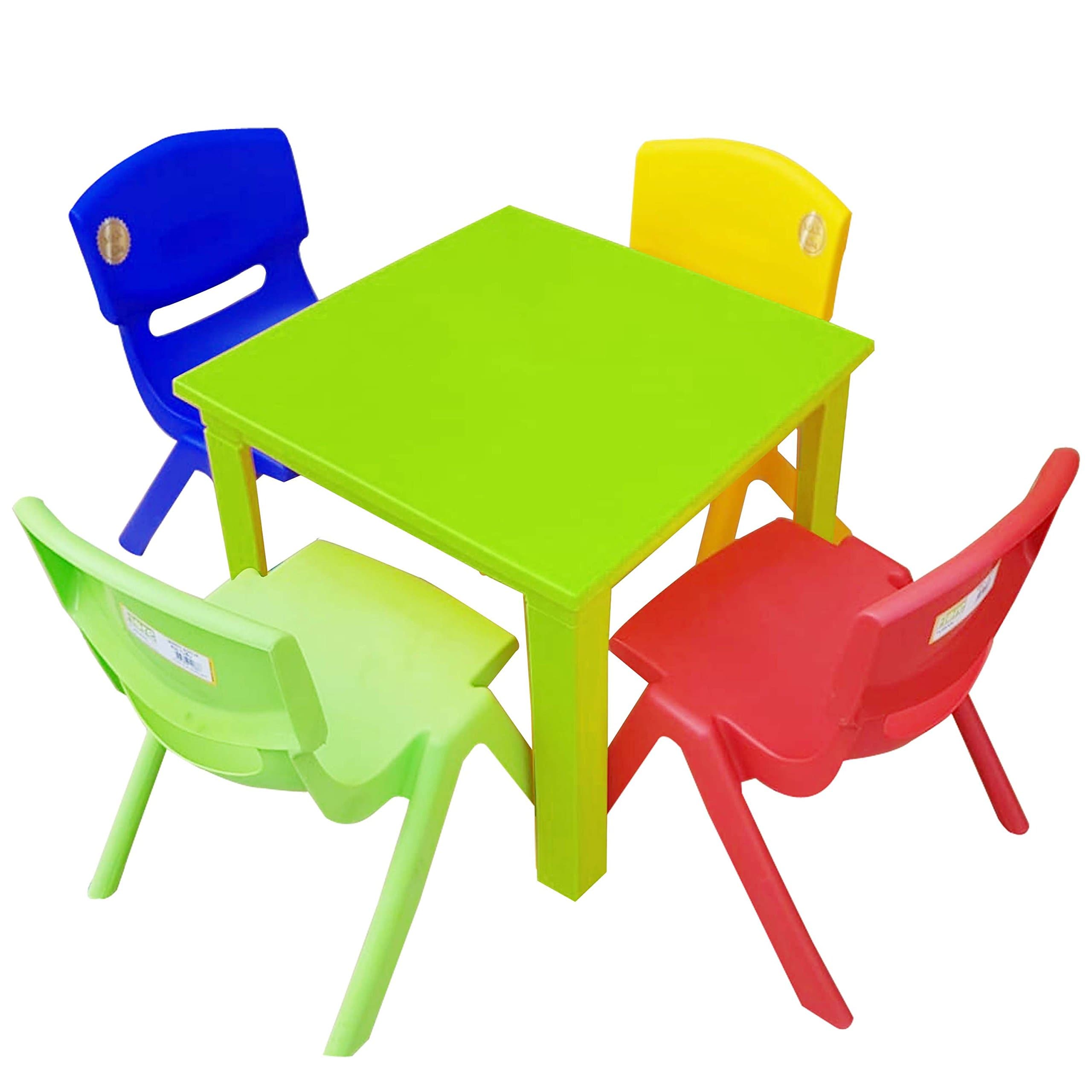 A406 Strong Kids Children Table and Chairs Set for Study, Activity Garden Indoor (Green Table + 4 Chairs Mix)