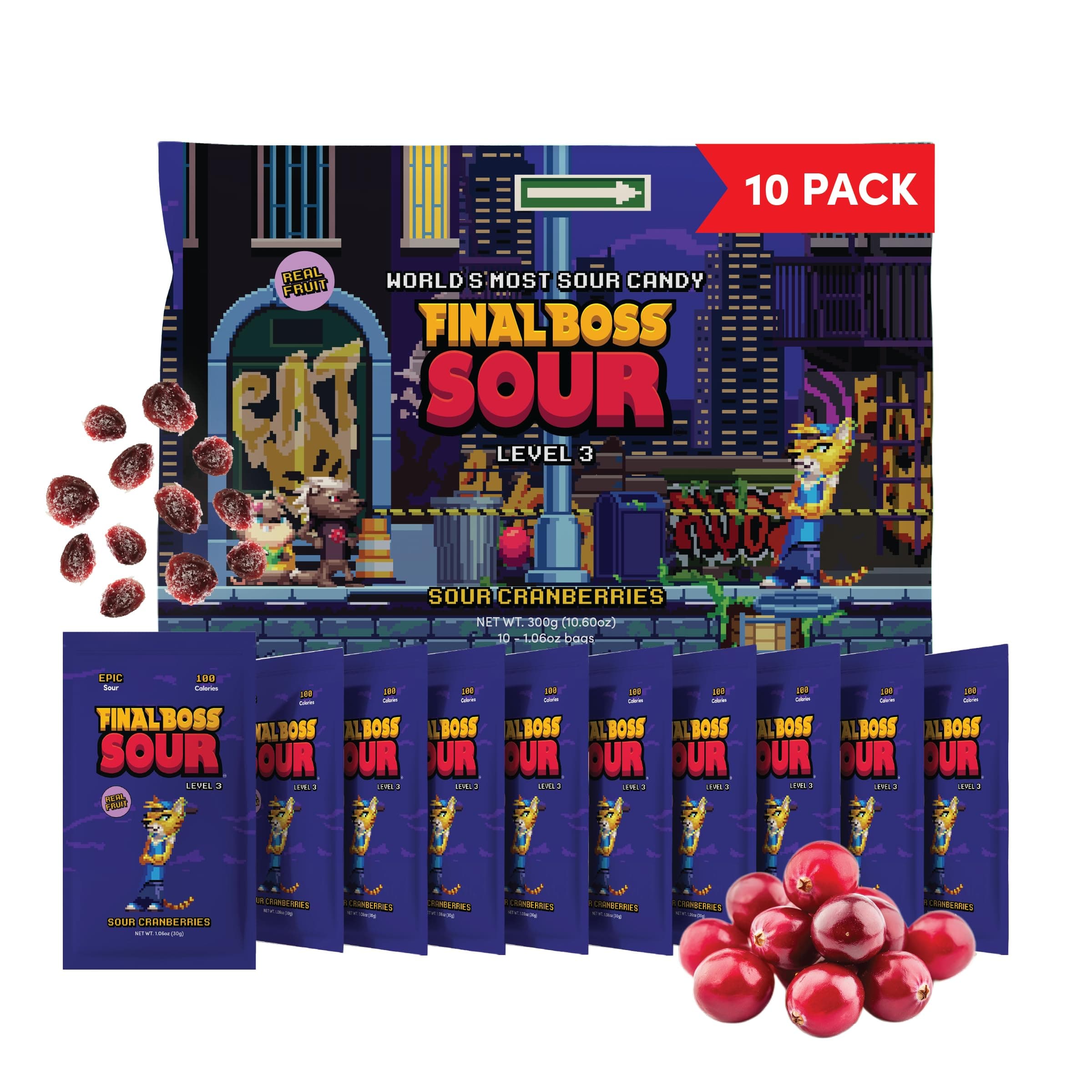 Final Boss Sour Candy, Sour Cranberries, 10 Pack, Level 3, Fruit Chews with Real Dried Fruit, No Artificial Colors or Flavors, Low Calorie Snack for Kids, Teens, Adults, Lunch Boxes