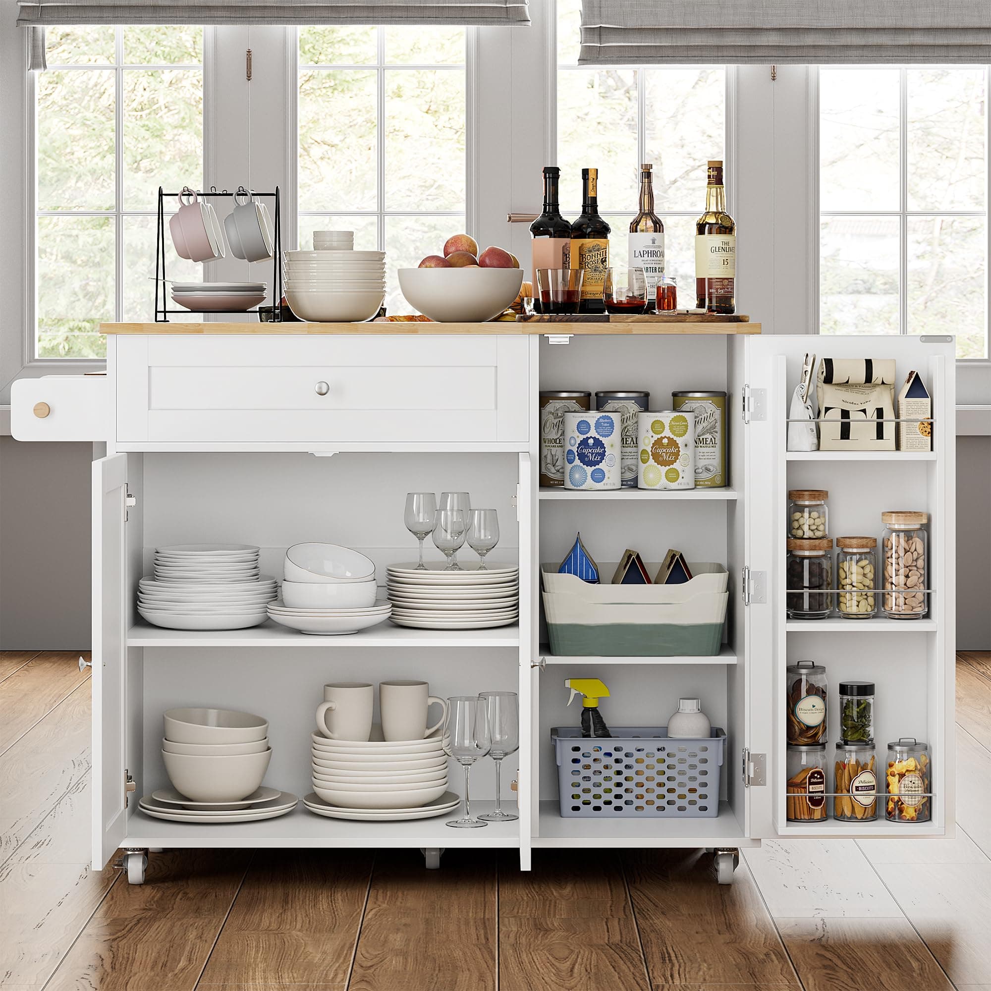 BOTLOG Kitchen Island with Storage, Island Table on Wheels with Drop Leaf, Spice Rack, Drawer, Towel Rack, Rolling Kitchen Island Cart for Dinning Room, White 15.7-27.55" D x 47.63" W x 35.43" H