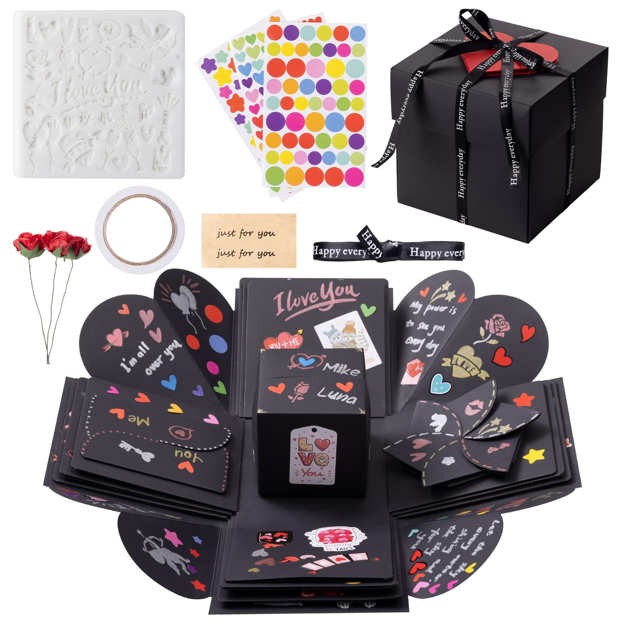 Butterfly Explosion Box - Exploding Surprise Gift Boxes - Picture Love Heart Card Kit w/ 5 Stencils & Stickers - DIY Birthday or Anniversary Photo Album Scrapbook