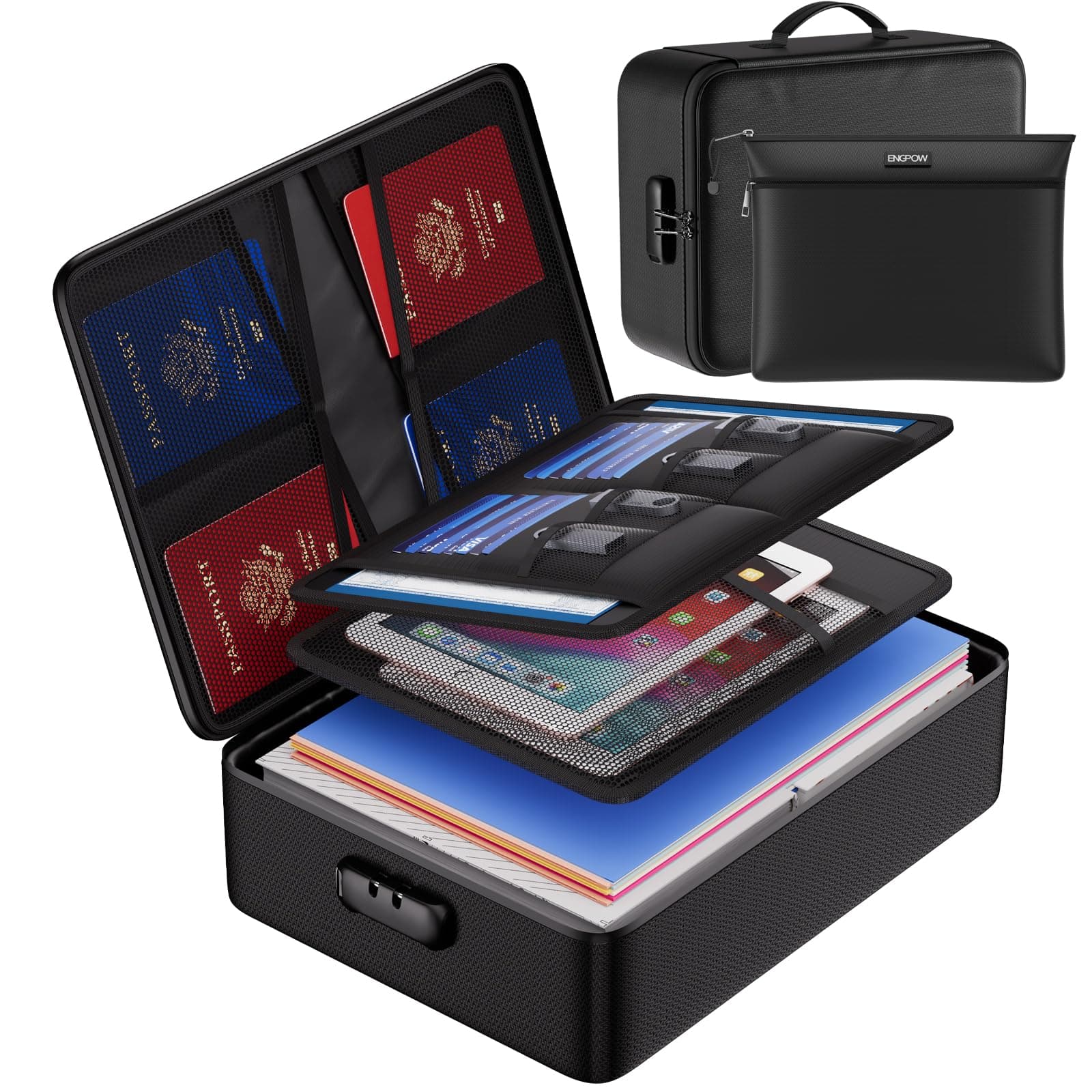 ENGPOW Fireproof Document Organizer with Lock, Waterproof File Bag, 5-Layer Protection for Documents, Passport, Laptop, Certificates