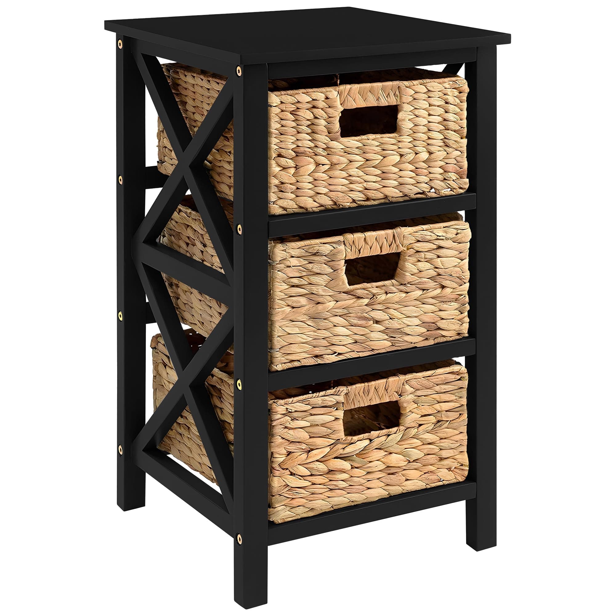 3 Tier X-Side End Table with Wicker Baskets for Bedside, Living Room, Black