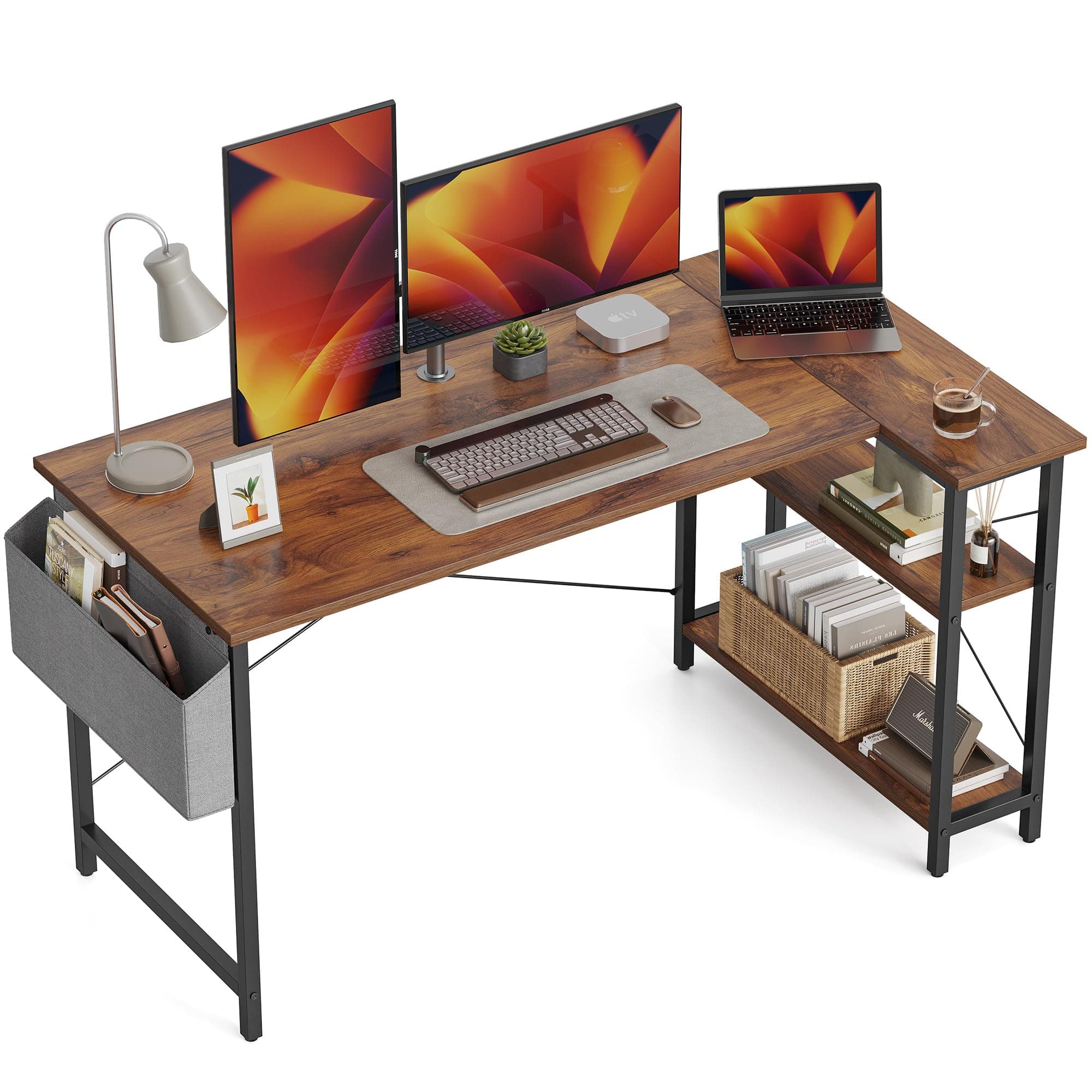 L Shaped Desk, 55 Inch Computer Desk with Reversible Storage Shelves Home Office Corner Desk Study Writing Table, Deep Brown