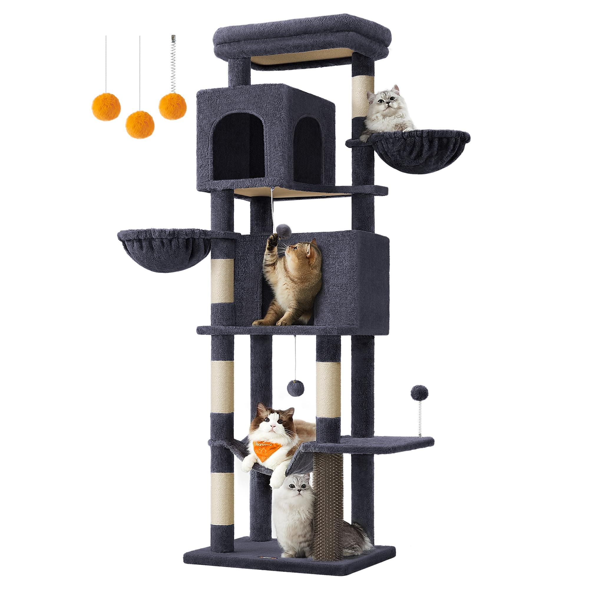 Feandrea Cat Tree, 69-Inch Tall Cat Tower for Large Cats, Multi-Level Cat Condo with 2 Caves, 2 Baskets, 5 Scratching Posts, Self-Groomer, Perch, Hammock, for Indoor Cats, Dark Gray UPCT182G02