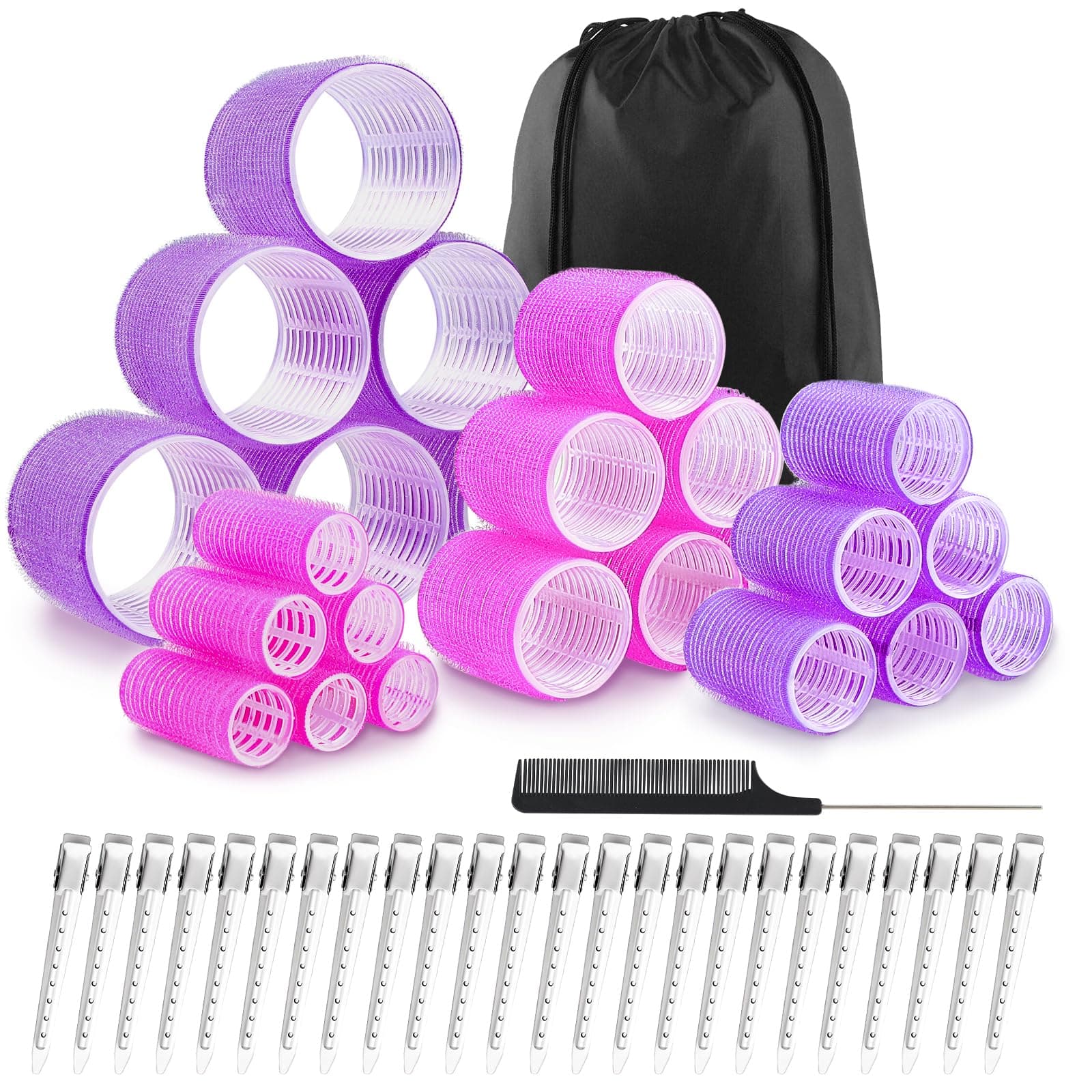 50pcs Hair Rollers with Clips, Jumbo Large Medium Small Rollers for Hair Volume Big Hair Curlers Rollers for Long Medium Short Hair DIY Hairdressing (Purple, Rose red)