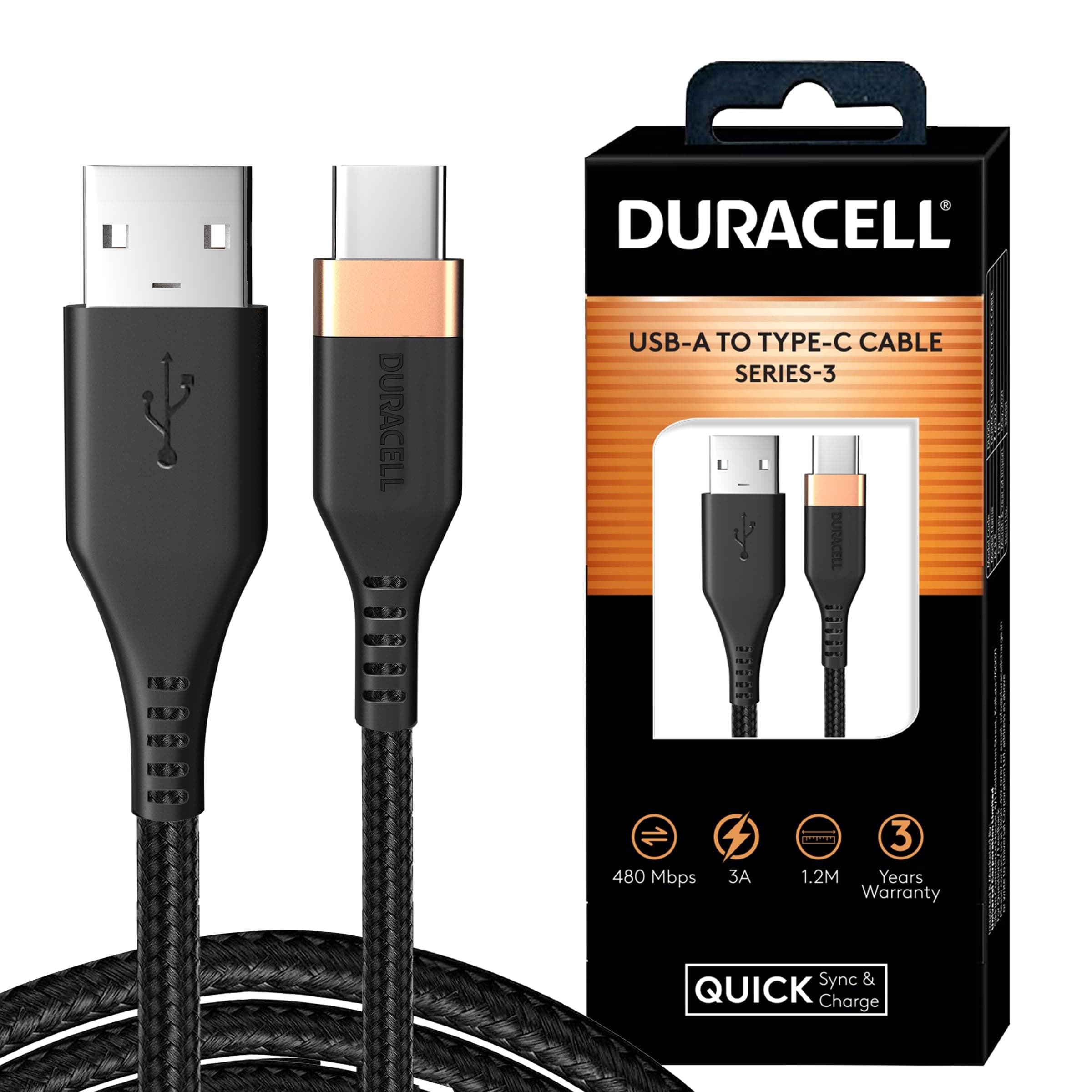 Duracell USB Type C, 3A Braided Sync & Fast Charging Cable, 3.9 Ft (1.2M),QC 2.0/3.0 Ultra Fast Charging,Compatible with Samsung,One Plus & all C type devices,Seamless Data Transmission,Series 3-Black