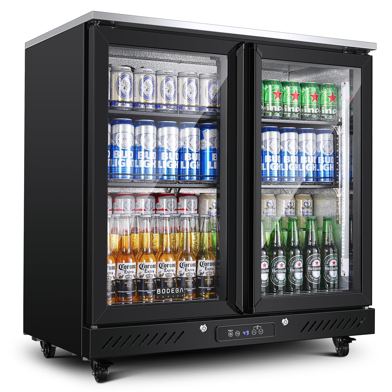 BODEGACOOLER Back Bar Cooler with 2 Glass Doors,7.7 Cu.ft Commercial Back Bar Beverage Refrigerator Counter Height,LED Lighting for Soda Drinks,Beer,Wine Stainless Steel Top,DOE Approved,4 Casters