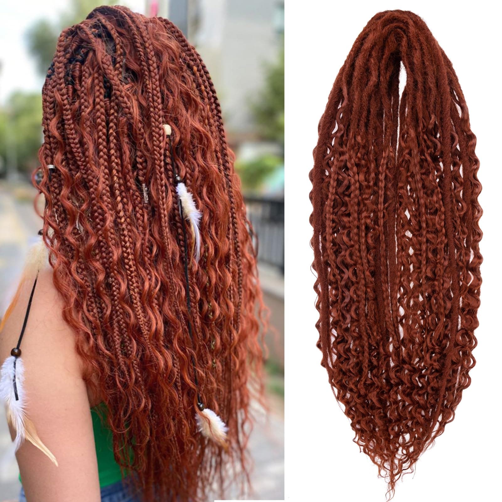 Leeven 30 Strands Double Ended Dreadlock Extensions 24 Inch Thin Synthetic Boho Dreads Copper Red 3 Style Mixed Full Set Wool DE Wavy Curly Hippie Dreads Braid in Soft Viking Dread for Women Men