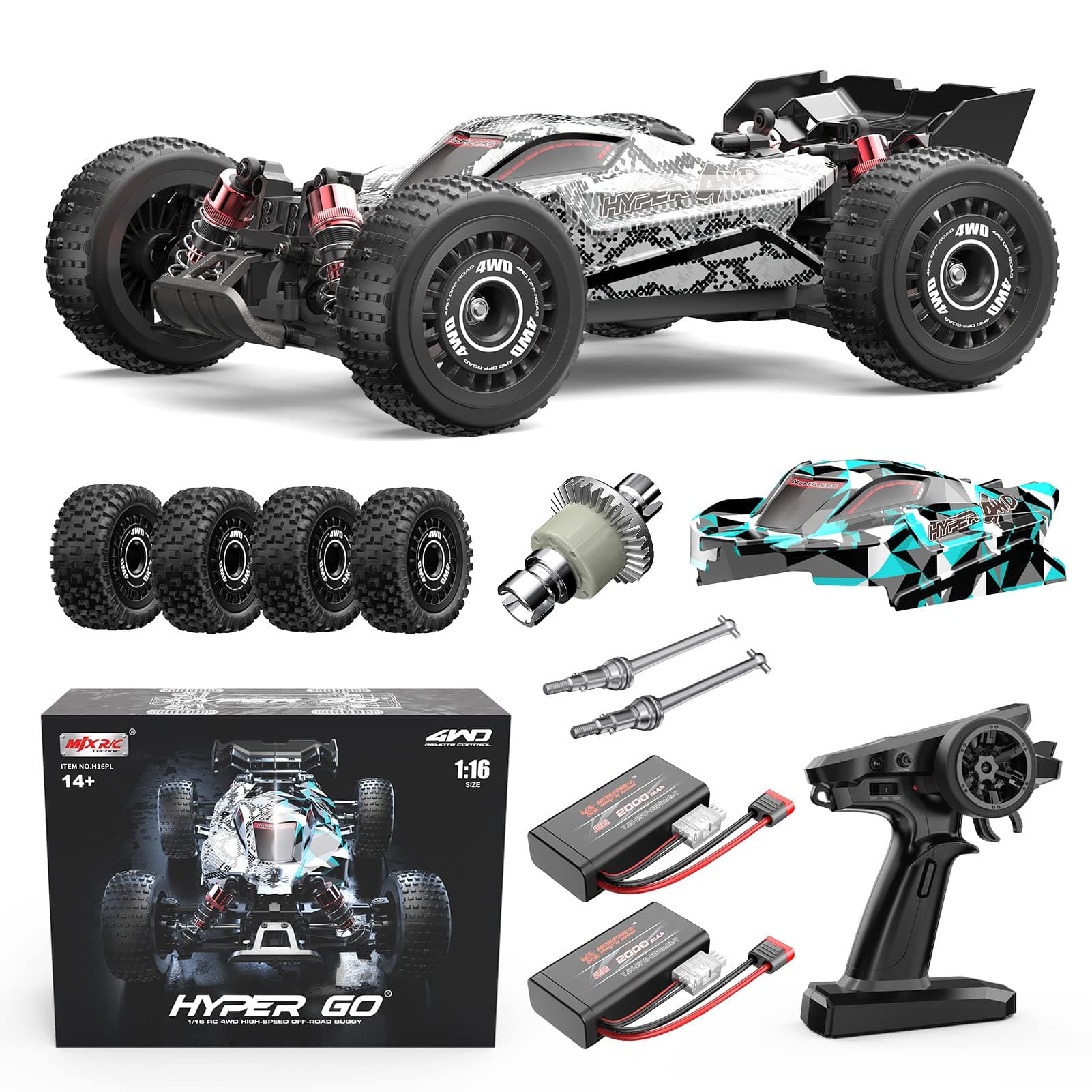 - H16PL 1/16 RTR Fast Brushless RC Buggy for Adults, Max 38 mph RC Truck, 4WD High Speed Racing Car with 2S 2000 mAh Battery for RC Basher