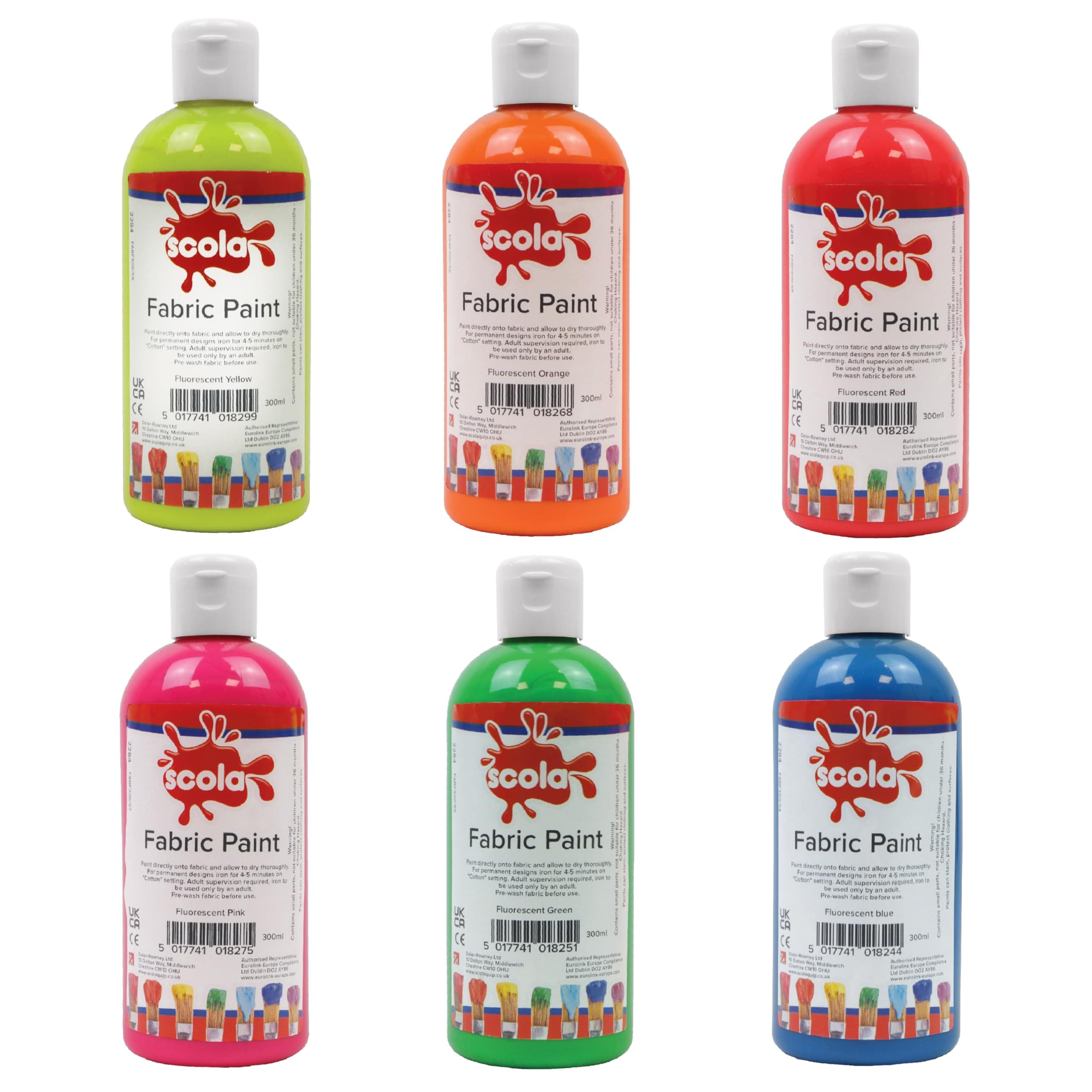 scolaTextile Fabric Paint, 6 Assorted Fluorescent Colours, 300ml Bottles, School Supplies, Art and Crafts Projects, Children's Craft Projects, For Kids