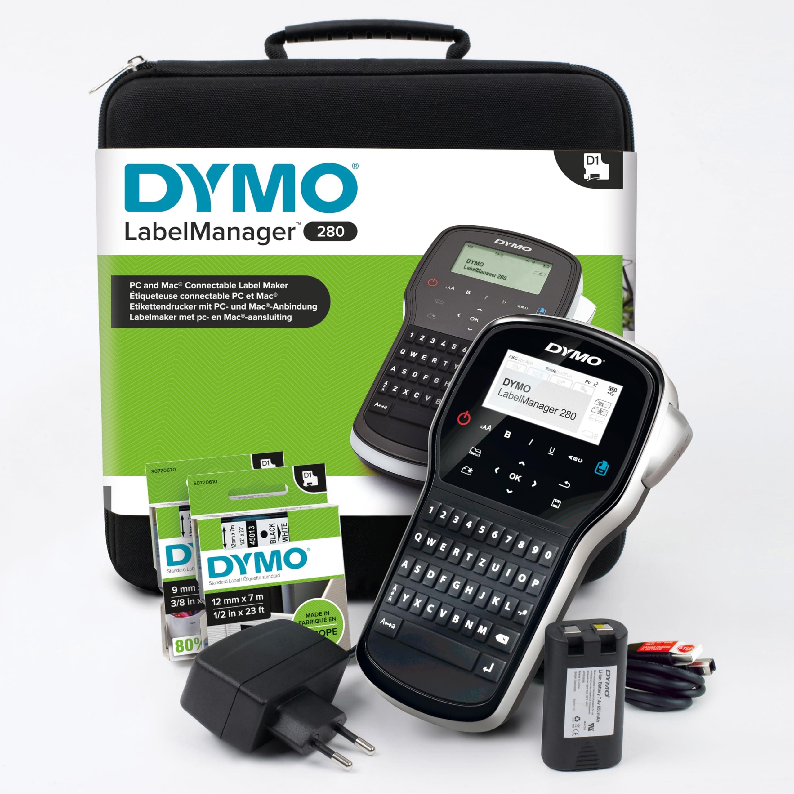 DYMO LabelManager 280 Rechargeable Handheld Label Maker Kit | QWERTY Keyboard | with 2 Rolls of D1 Labels & Carrying Case