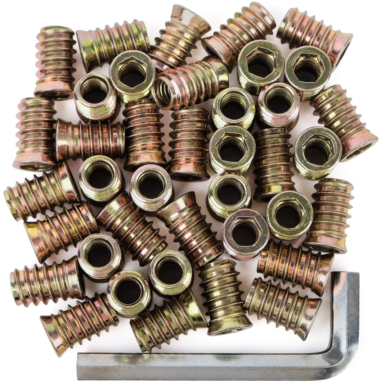 40Pcs 3/8"-16 x 25mm Threaded Inserts for Wood Furniture Screw in Nut Inserts 3/8-16 Threaded Bolt Fastener Connector Hex Socket Drive for Wood Furniture Assortment (with Hex Spanner)