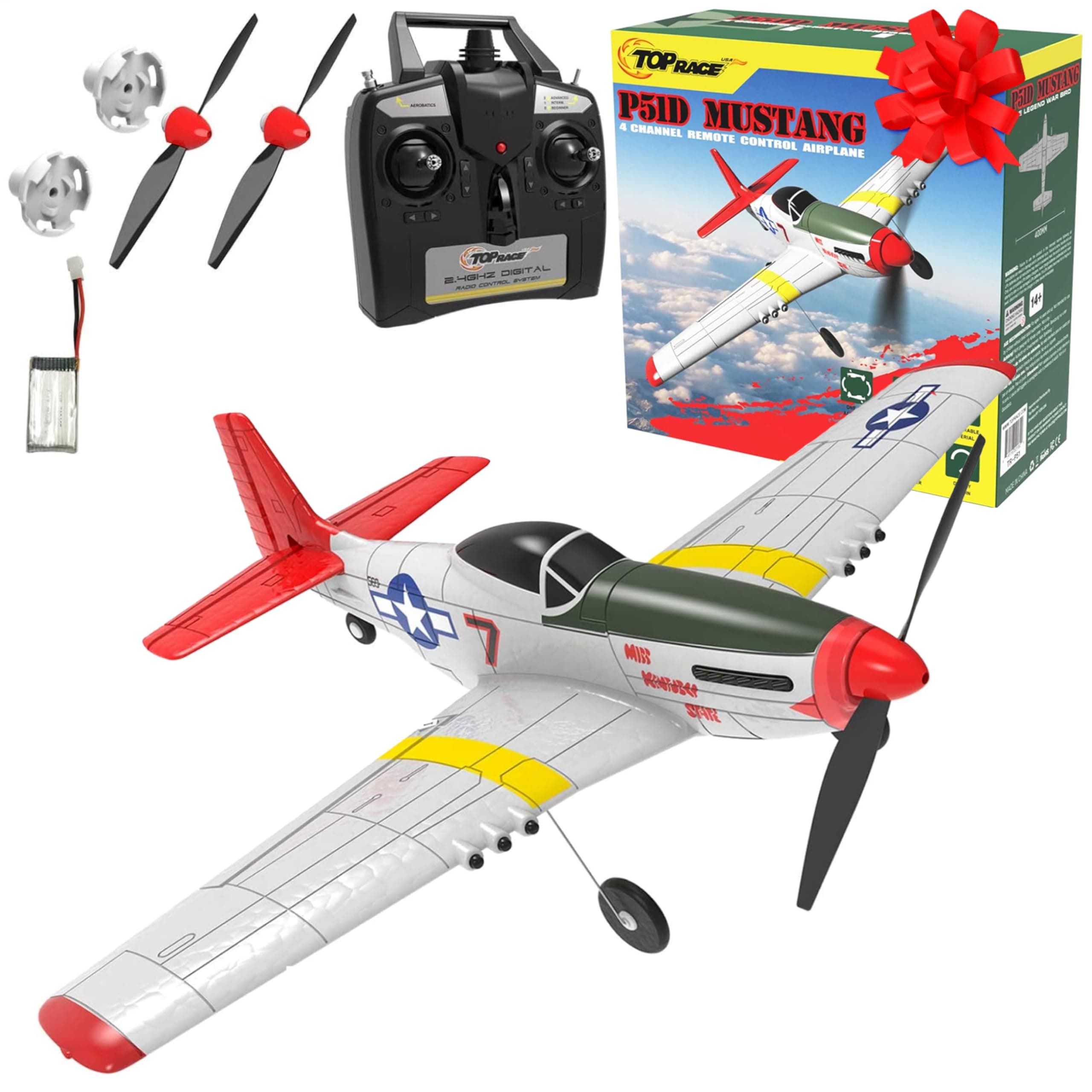 Top Race RC Plane - 4 Channel Remote Control With 2.4Ghz - Ready To Fly High Speed P-51 Mustang War Airplane Toy For Adults and Kids