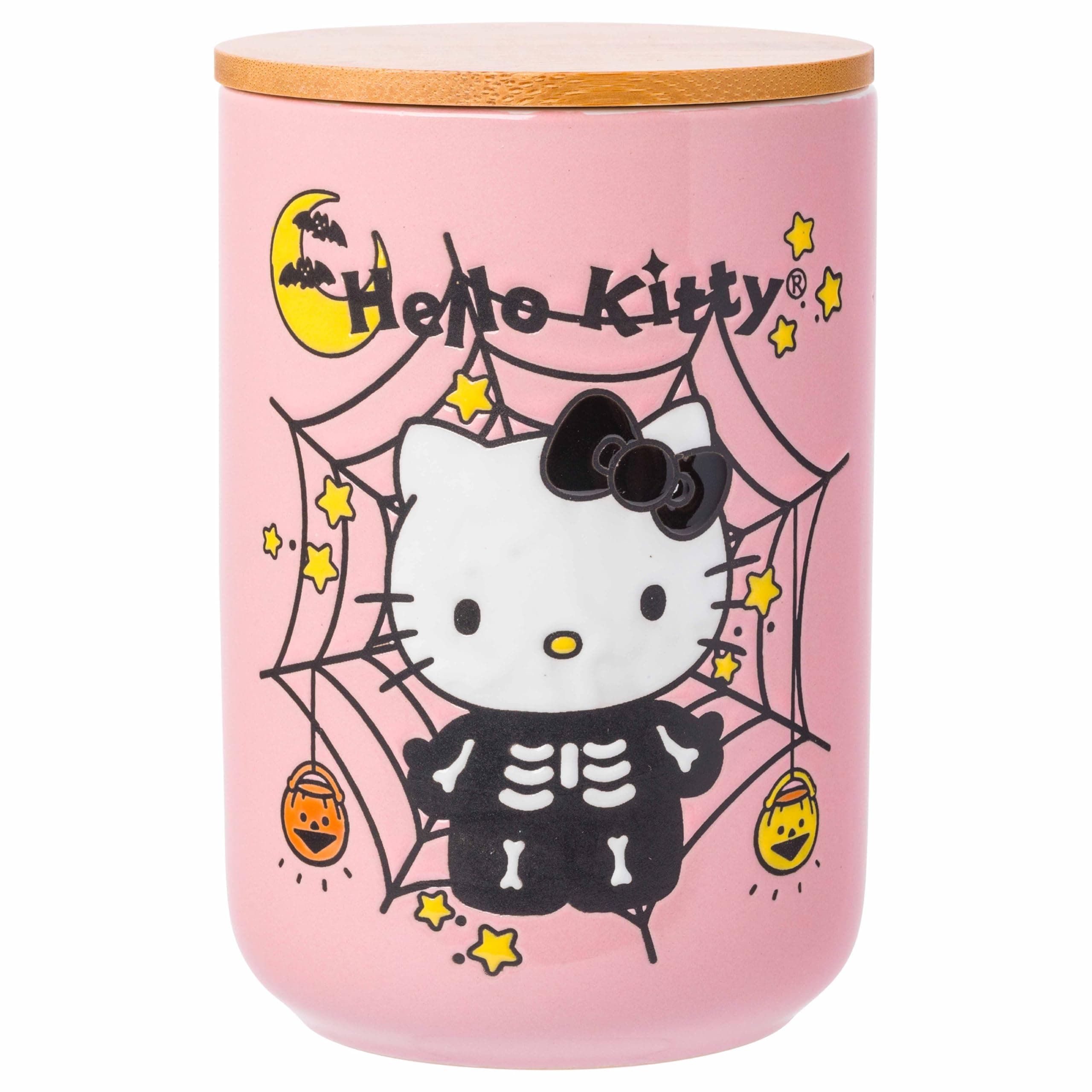 ilver Buffalo Hello Kitty Skeleton Web 6.6" Ceramic Container with Bamboo Lid