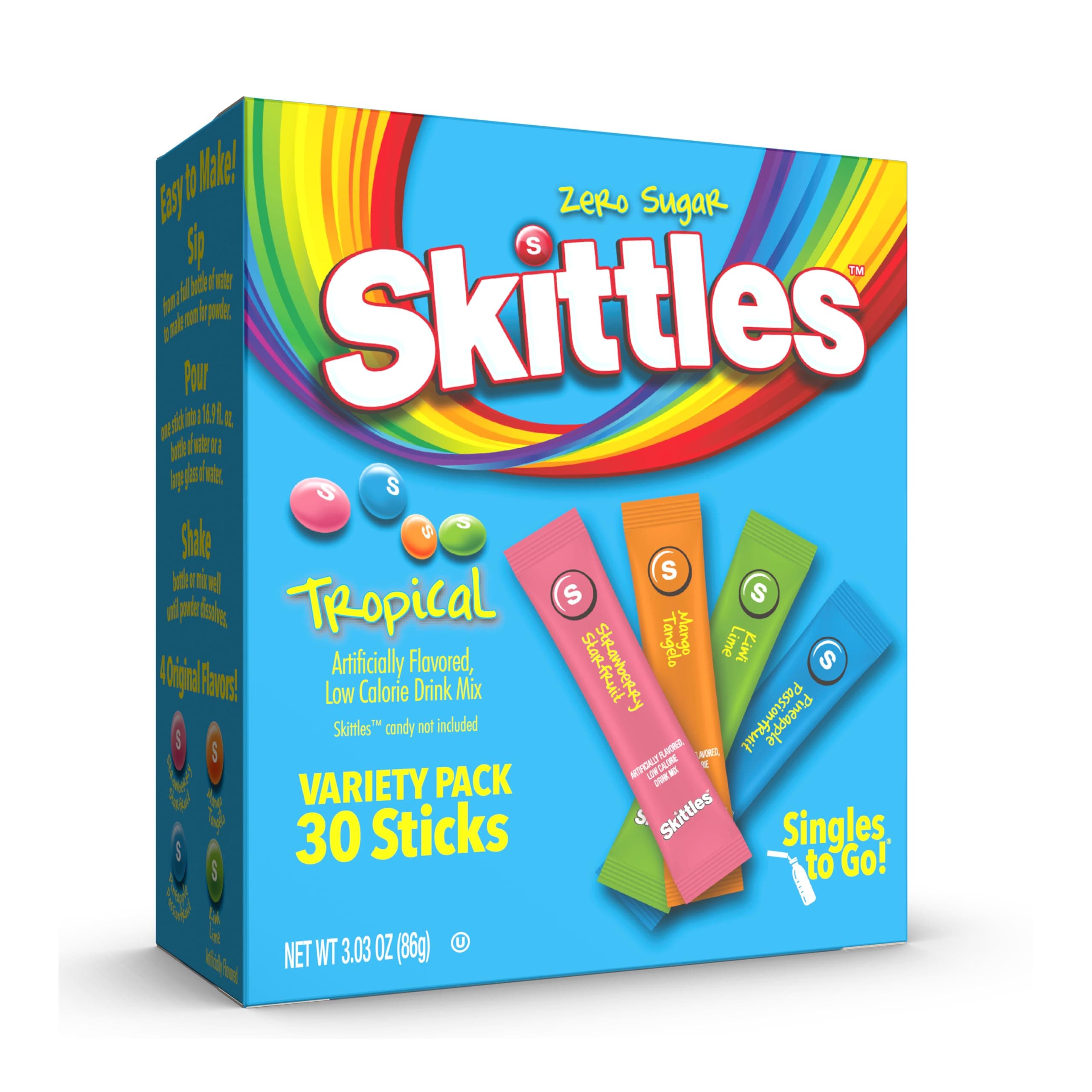 SINGLES TO GO! Skittles Singles To Go Tropical Flavors Variety Pack, Powdered Drink Mix, Strawberry Starfruit, Mango Tangelo, Kiwi Lime, Pineapple Passionfruit, 1 Box (30 Single Servings)