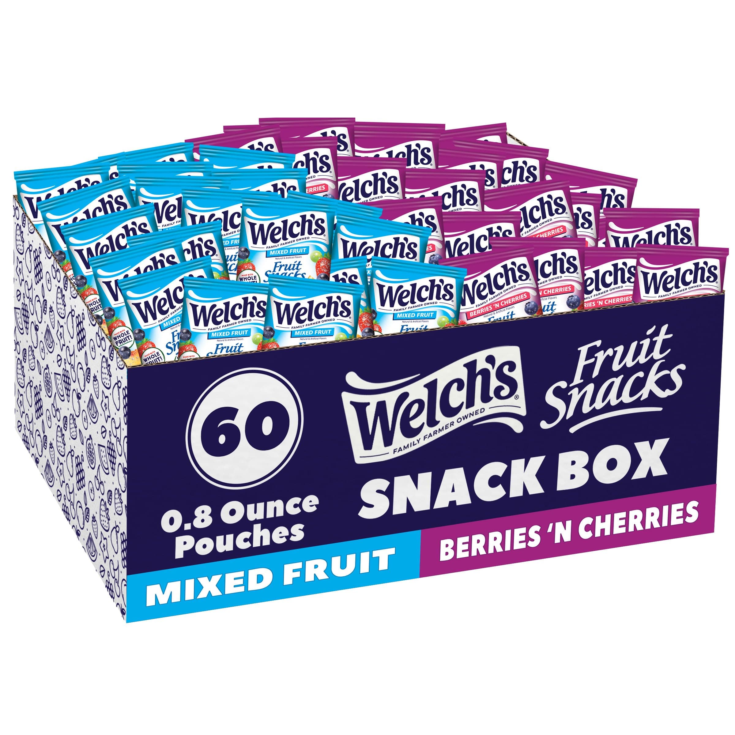 Welch's Fruit Snacks, Mixed Fruit & Berries 'N Cherries Snack Box, Gluten Free, 0.8oz Snack Packs (Pack of 60)