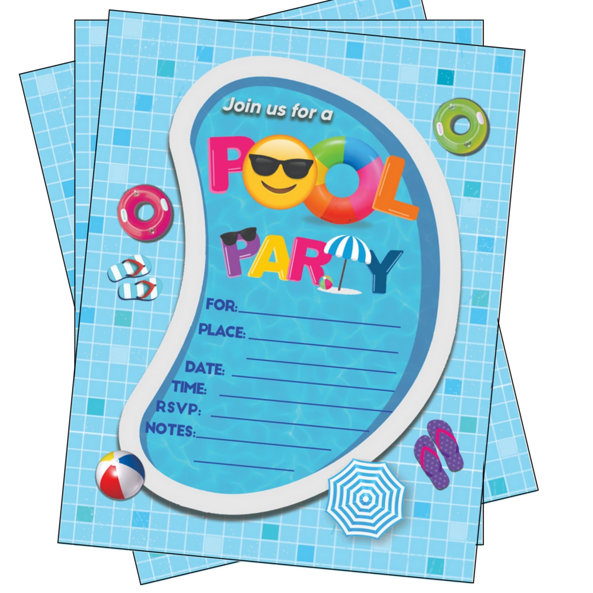 Pool Party Invitations, Summer Birthday Pool Party Bash, Splash Pad, Water Park Invites, 25 Fill in Pool Party Invitations with Envelopes for Boys or Girls