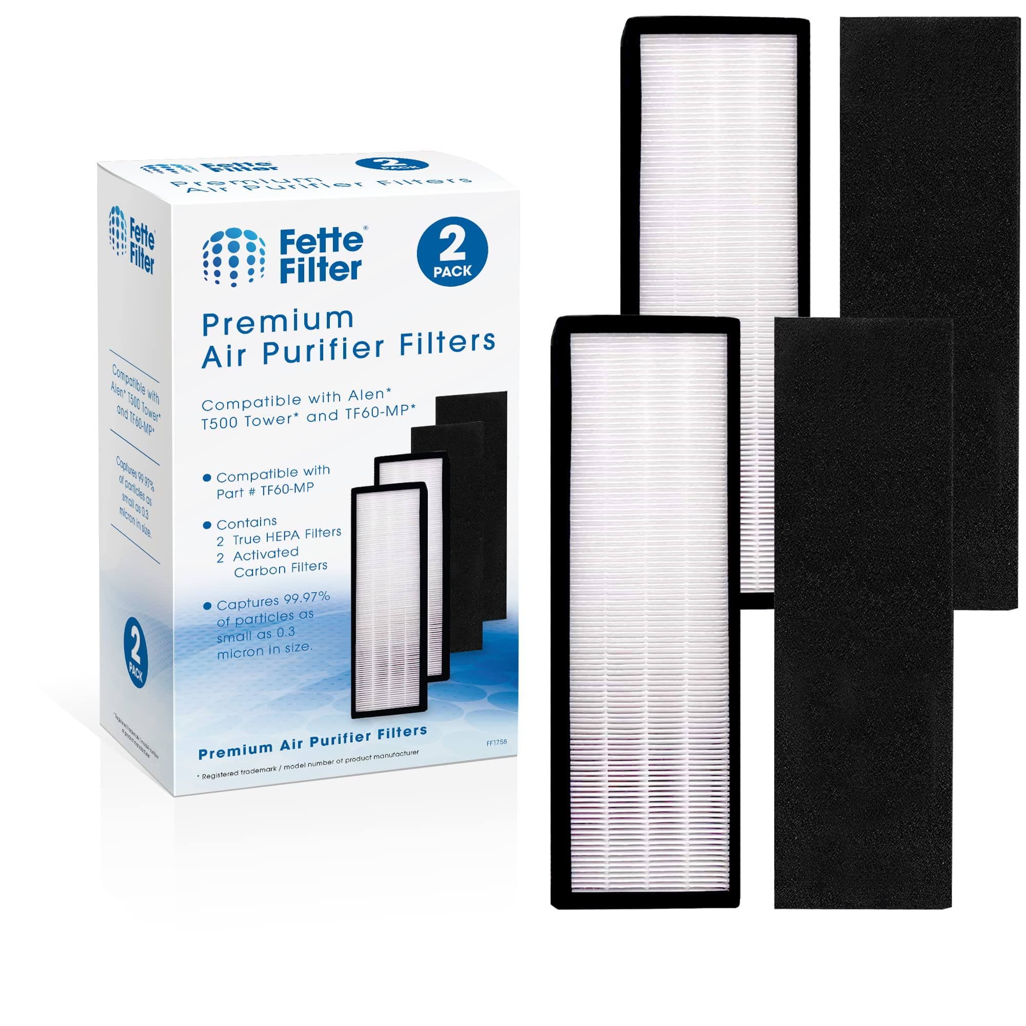 Fette Filter - 2 Pack Premium T500 True HEPA Filter Replacements Compatible with Alen Air Purifier Filter T500 tower. Compare to Part # TF60-MP & TF60-MP ( Includes 2 Hepa & 2 Carbon Filters)
