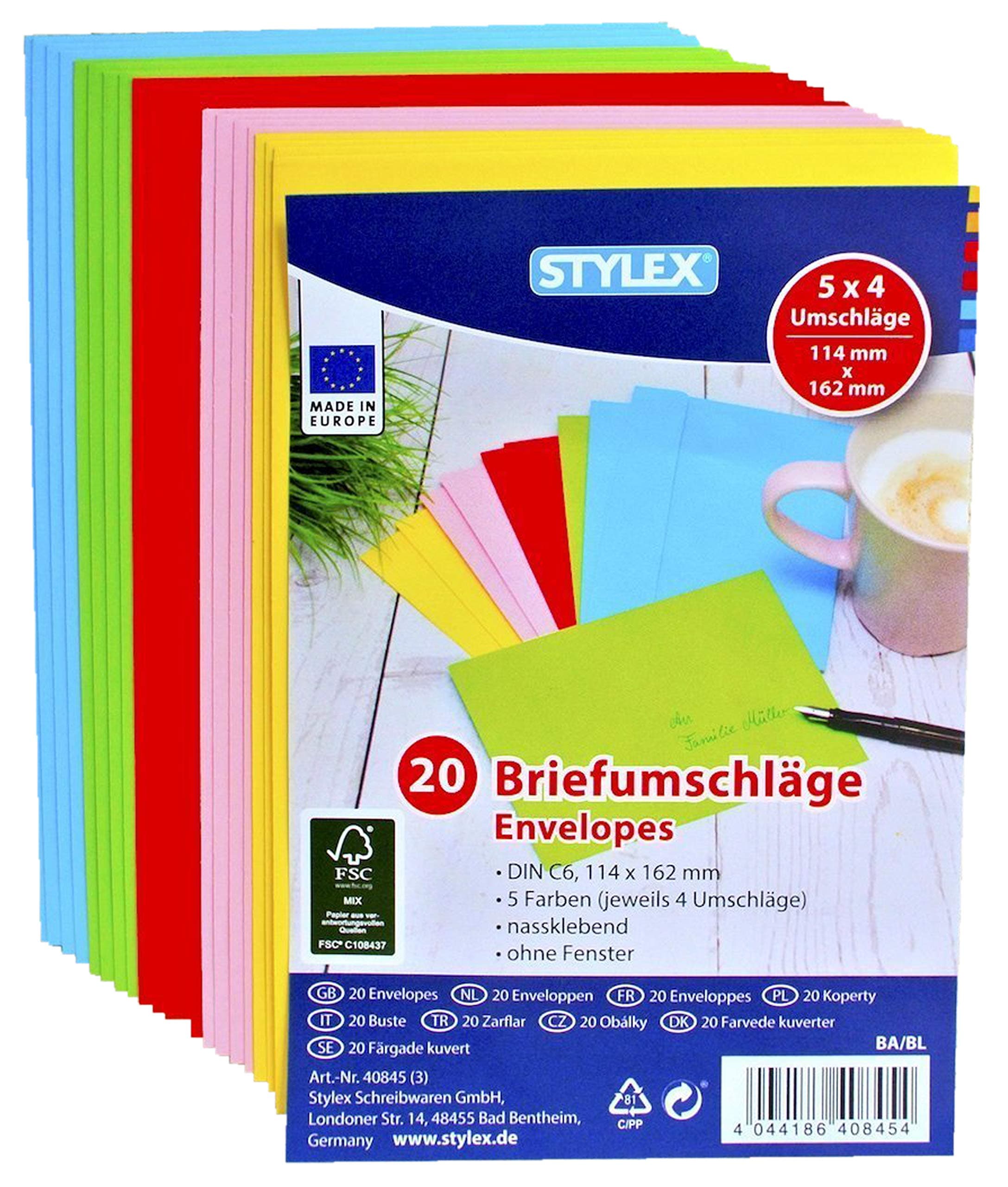 100 (5 x 20) coloured envelope, C6 colourful envelope DIN C6 | 100 Stück assorted colours