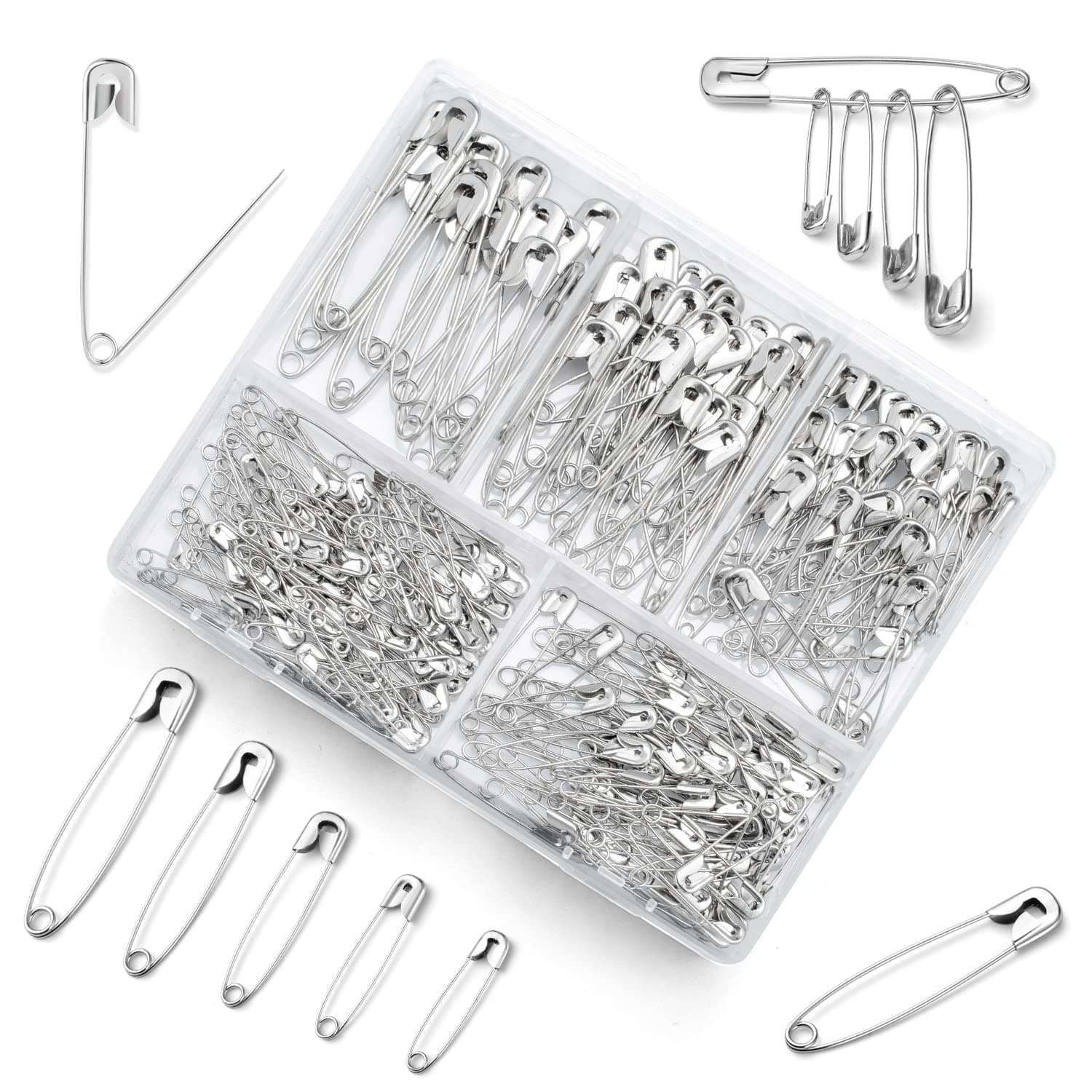 Crafare 280 Pack 1-2.2 inch Safety Pins Assorted Size Rust-Resistant Nickel Plated Steel Sharp Edge for Clothes, Sewing, Arts Crafts